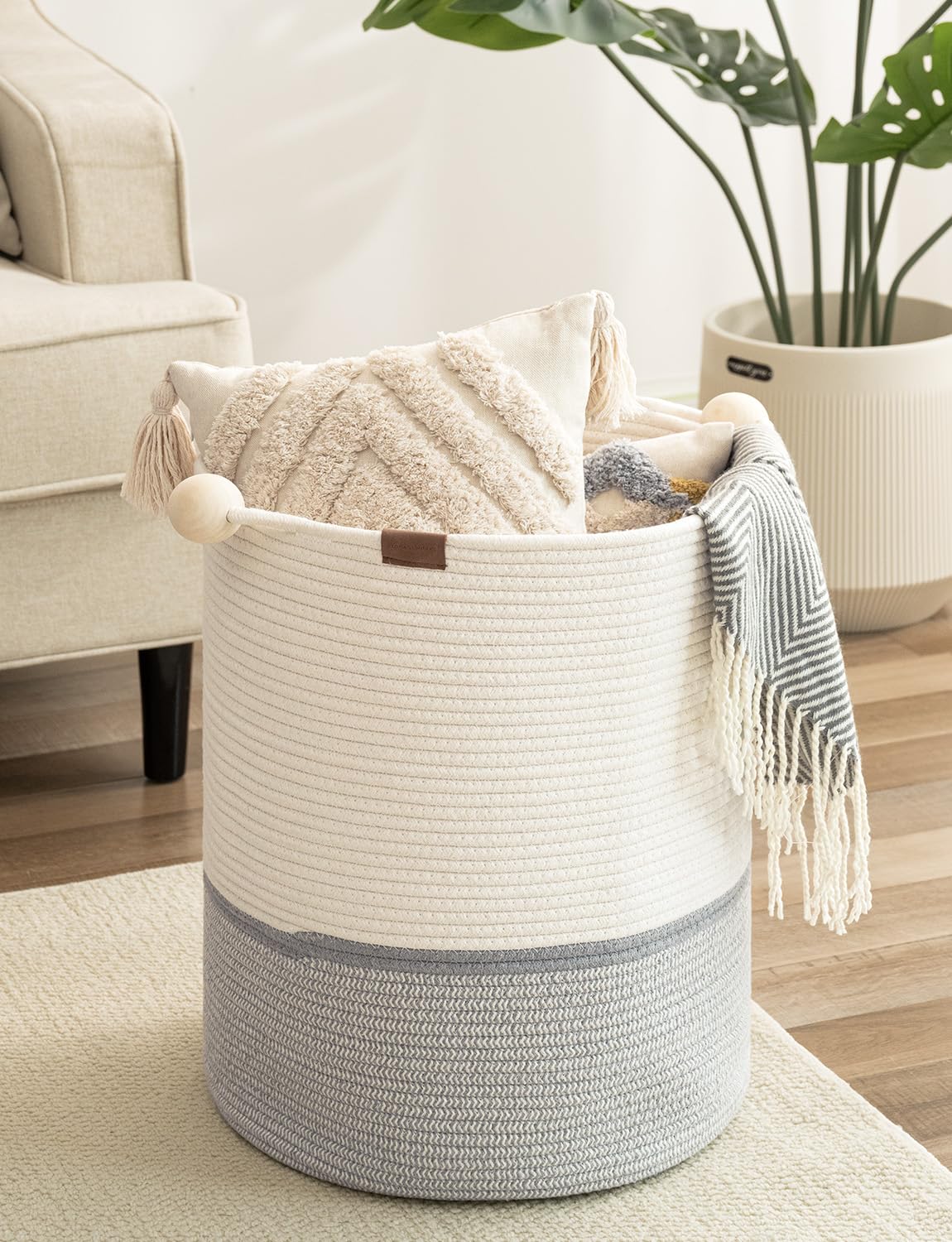 Storageworks 58L Cotton Rope Laundry Basket With Wooden Beads Handles, Woven Basket For Storage, Dirty Clothes, Kids Toys, Towel