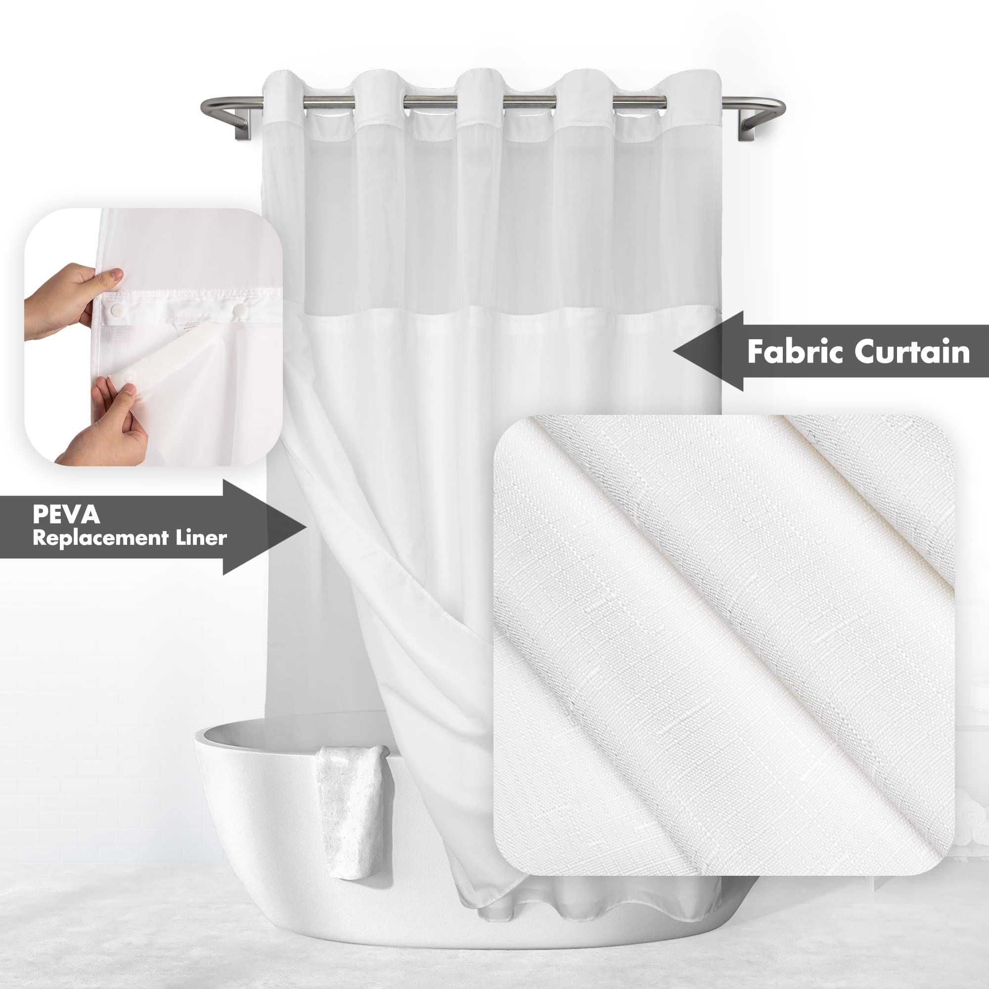 No Hook Slub Textured Shower Curtain with Snap-in PEVA Liner Set - 71'' x 74''(72'')  Hotel Style with See Through Top Window  Fabric Outer Curtain & Waterproof Inner Liner  White  71x74