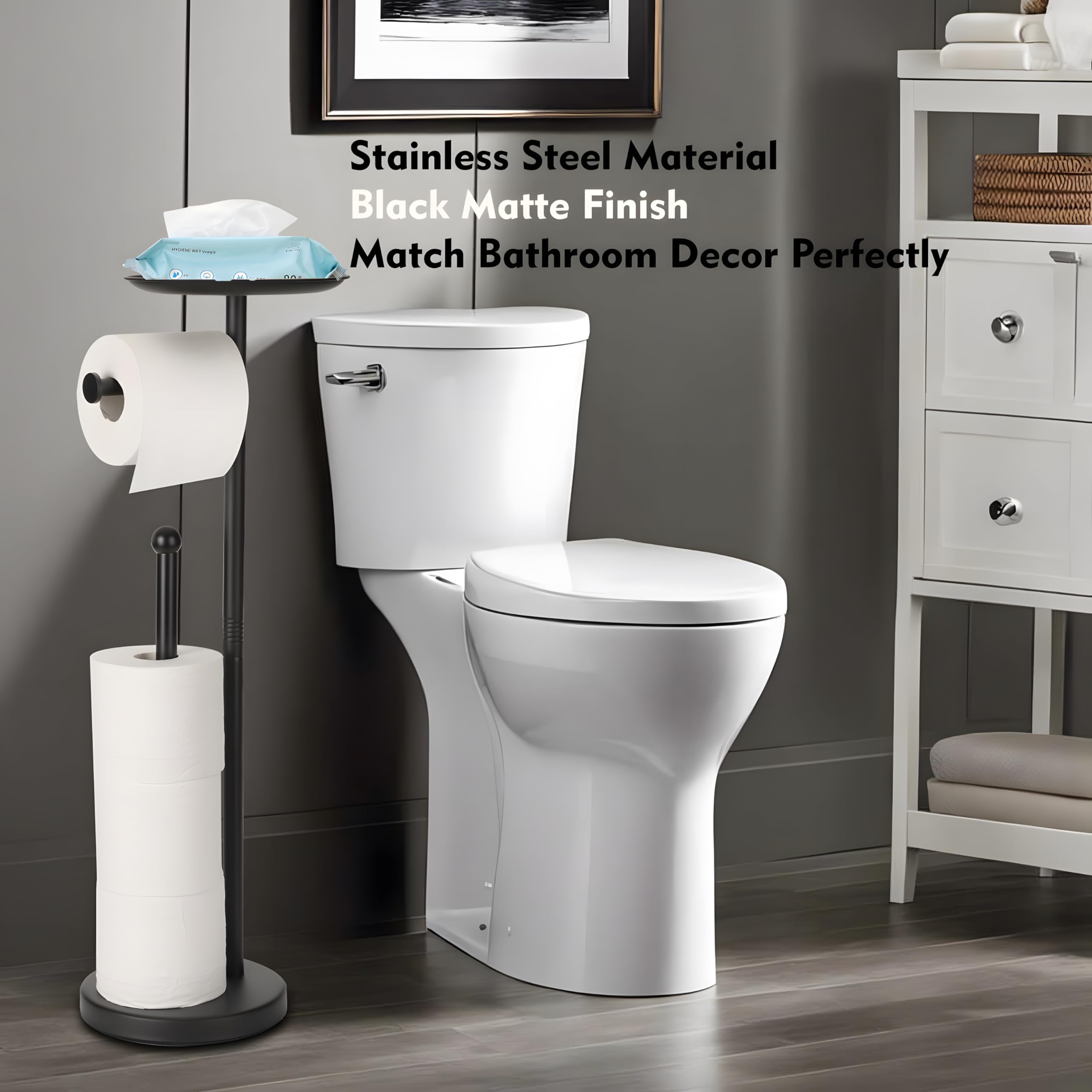Noonext Black Toilet Paper Holder With Shelf, Freestanding Toilet Paper Holder Stand With Tray At The Top, Heavy Base No Tipping