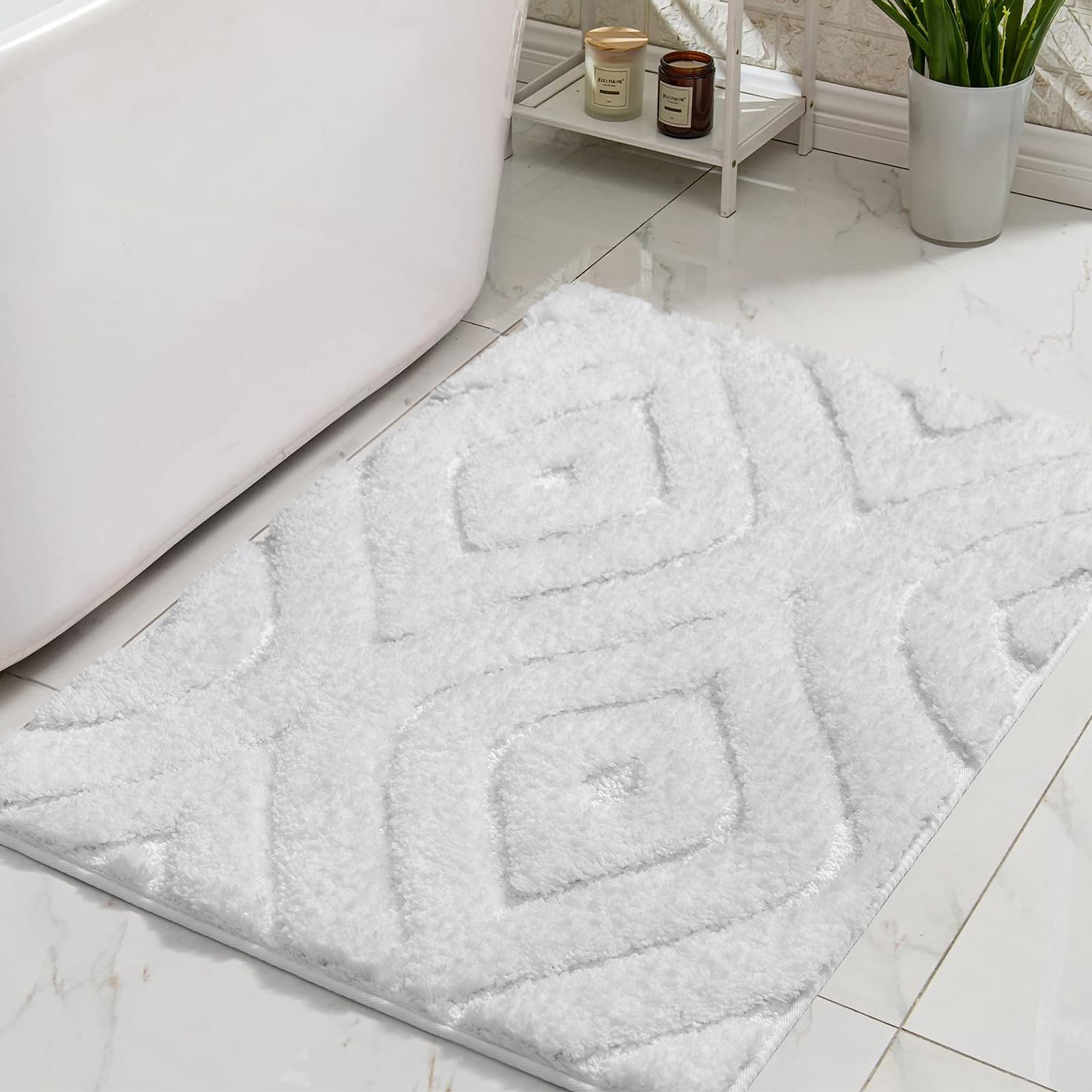 Dexde White Bathroom Rugs Boho Bath Mat Non Slip Geometric Luxury Soft Washable Carpet For Bathroom Shower Kitchen Entryway Mode