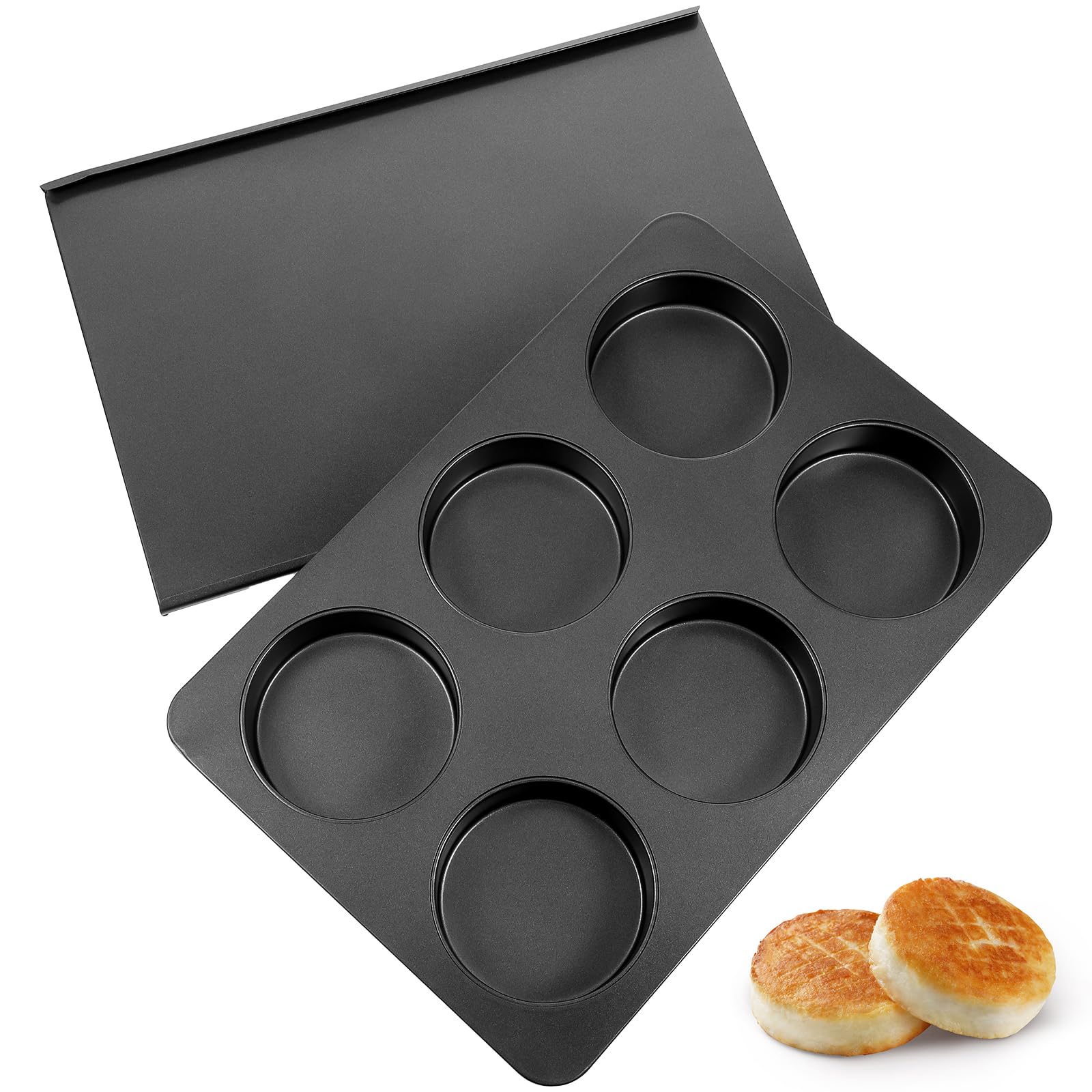 Limbeuuu 6 Cup Straight Side Jumbo English Muffin Cupcake Pan with Lid Hamburger Burger Bun Egg Sandwich Frittata Cinnamon Roll 