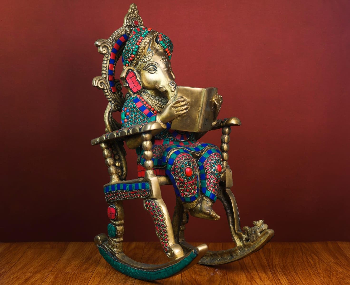 Shivaji Arts Brass Ganesha Statue On Rocking Chair, 16.5 Inch Big Large Ganesh Idol On Reading Book In Brass, Resting Ganesh Ido