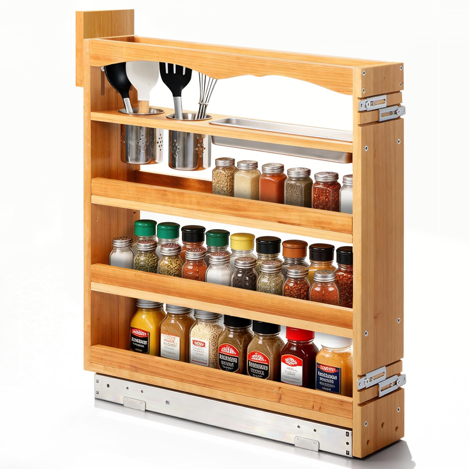5 Pullout Spice Organization for Cabinet, 4Tier Solid Wood Pull Out Spice Racks for Inside Cabinets, SoftClose Sliding Cabine