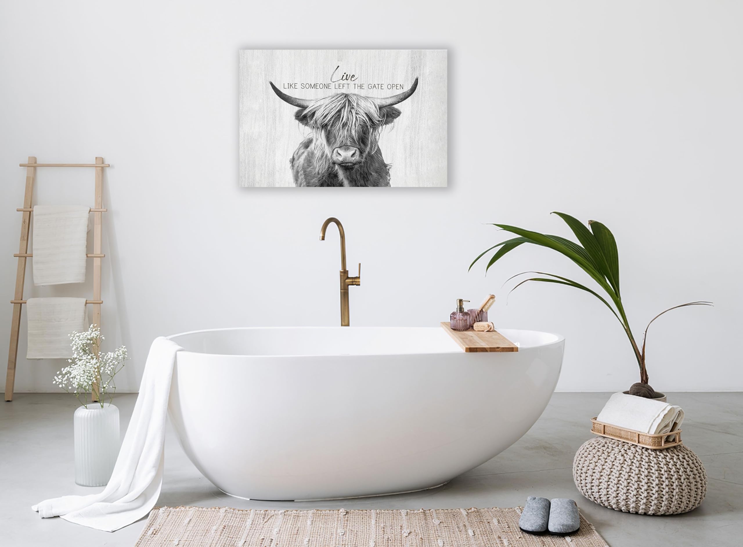Taimeng Farmhouse Highland Cow Wall Art Black And White Cow Bathroom Pictures Decor Rustic Cattle Canvas Painting Country Cow De