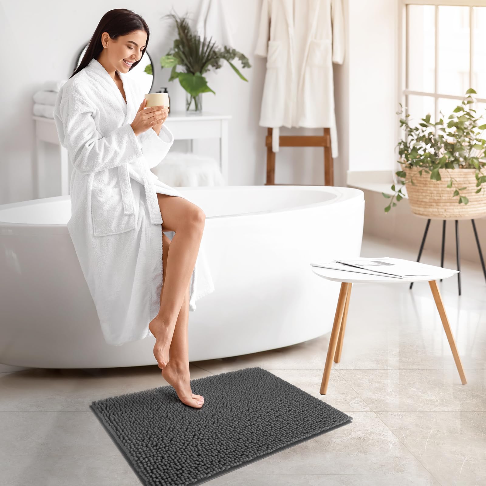 TECHMILLY Soft Fluffy Chenille Bathroom Rugs Sets 2 Pieces  Non Slip Absorbent Bath Mats for Bathroom  Washable and Quick Dry  Grey  17'' x 24'' + 17'' x 47''
