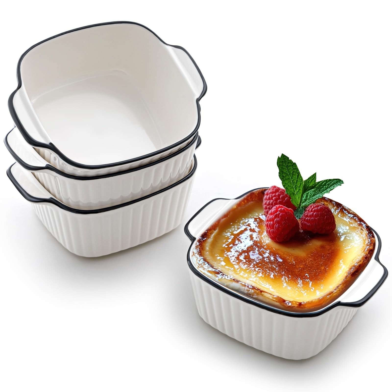 Maxdot 4 Pcs Ceramic Baking Dishes Porcelain Soup Bowls 5.75 Inches Ceramic Square Cereal Bowls with Handles for Kitchen Air Fry
