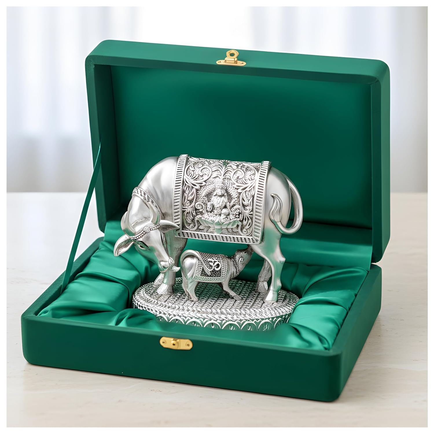 Dev Aastha 999 Pure Silver Plated Kamdhenu Cow Idol - 3.5 Inch Auspicious Vastu Home Decor For Pooja Room And Mandir - Sacred Sy