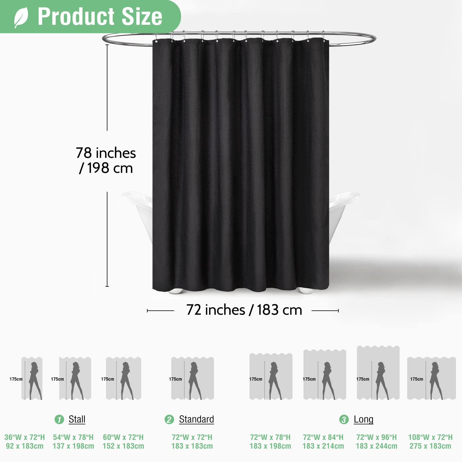 Dynamene Long Black Fabric Shower Curtain - Waffle Textured Tall Heavy Duty Cloth Shower Curtains For Bathroom, 256Gsm Large Hot