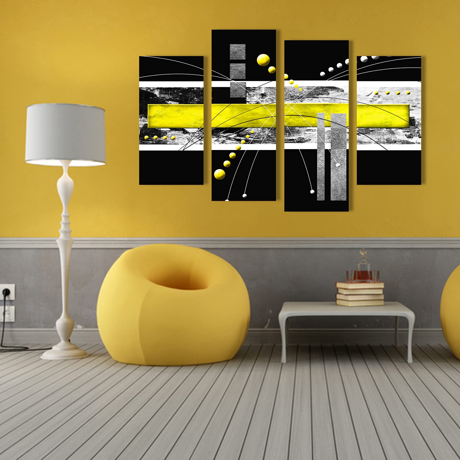 Large Black Yellow Canvas Wall Art - 4 Panels Modern Abstract Picture Set For Home Decoration - Contemporary Painting Artwork Re