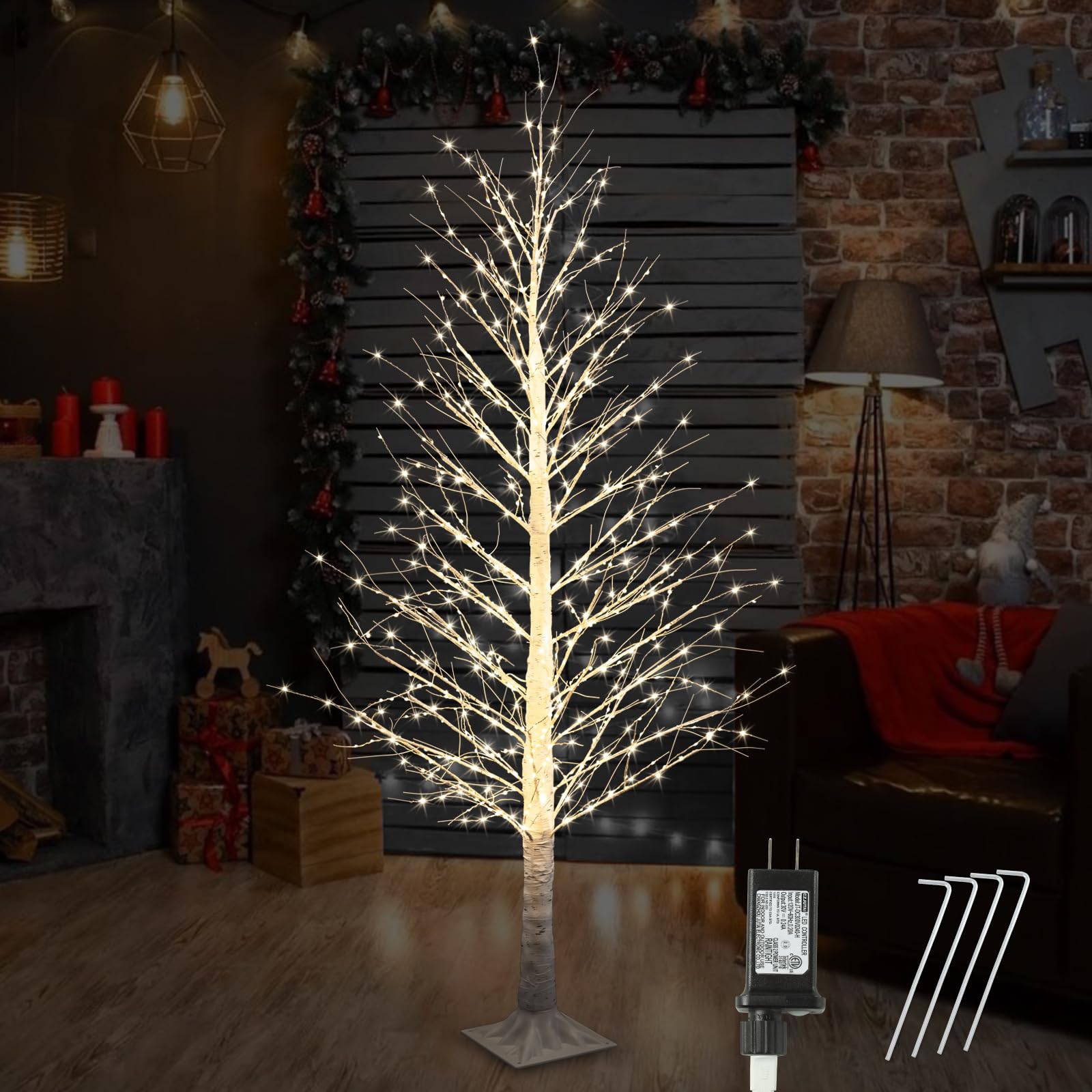 IJG 6FT 696LED Christmas Birch Tree Warm White Lights with Twinkle, LED Lighted Tree for Indoor Outdoor Home Party Decorations