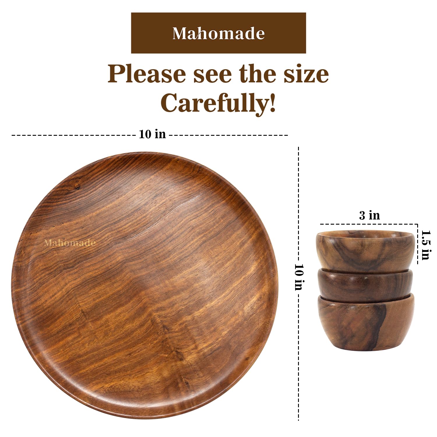 Mahomade Wooden Thali Dining Set | Wooden Plate With Bowls | 10 Inches Plate, 3.5 Inches Bowl | Wooden Serving Dinner Set