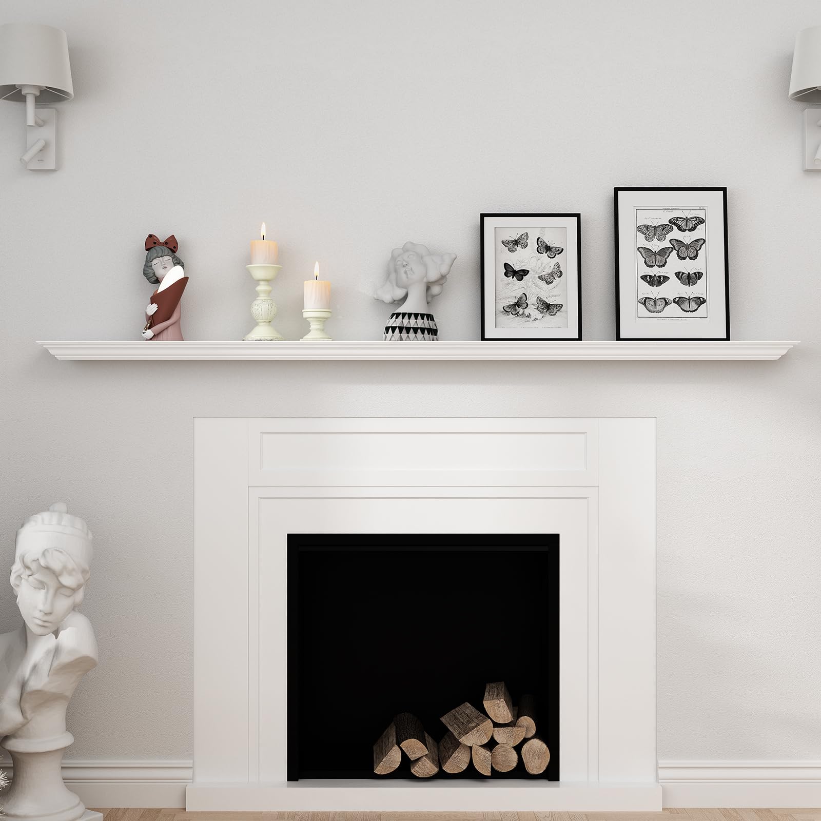 WELLAND 72-Inch Fireplace Mantel Shelf Wall Mounted White Corona Crown Molding Ledge Floating Shelf  Pinewood