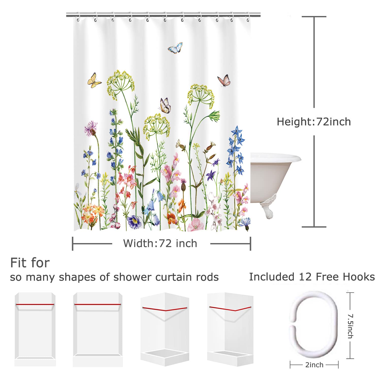 Rosielily Floral Shower Curtain For Bathroom Flower Shower Curtain Butterfly Shower Curtain Watercolor Shower Curtains Set With