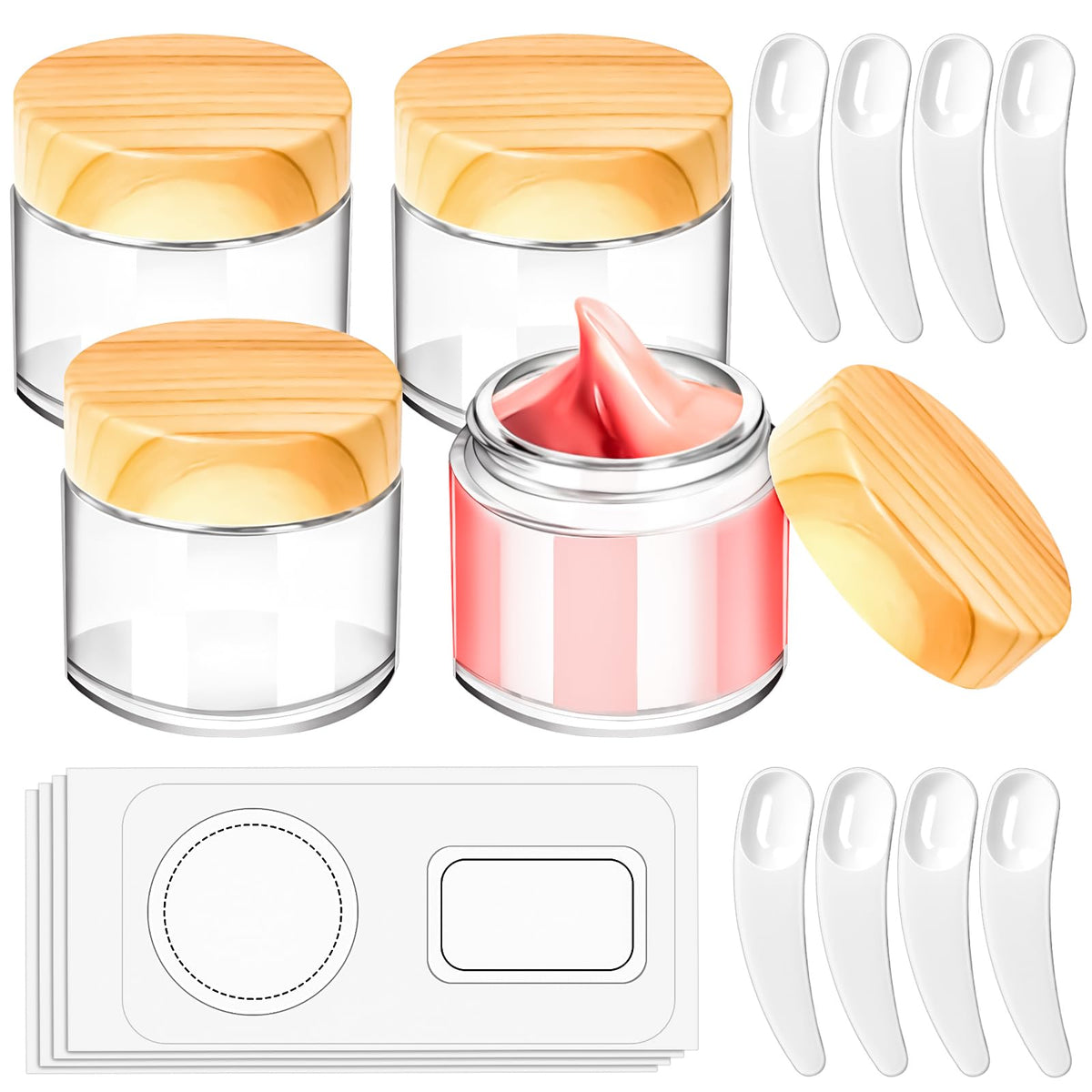 Motbach 4 Pack 2Oz Glass Jars With Lids 60Ml Mini Round Clear Glass Jars With Inner Liners And Spatulas, Travel Size Containers