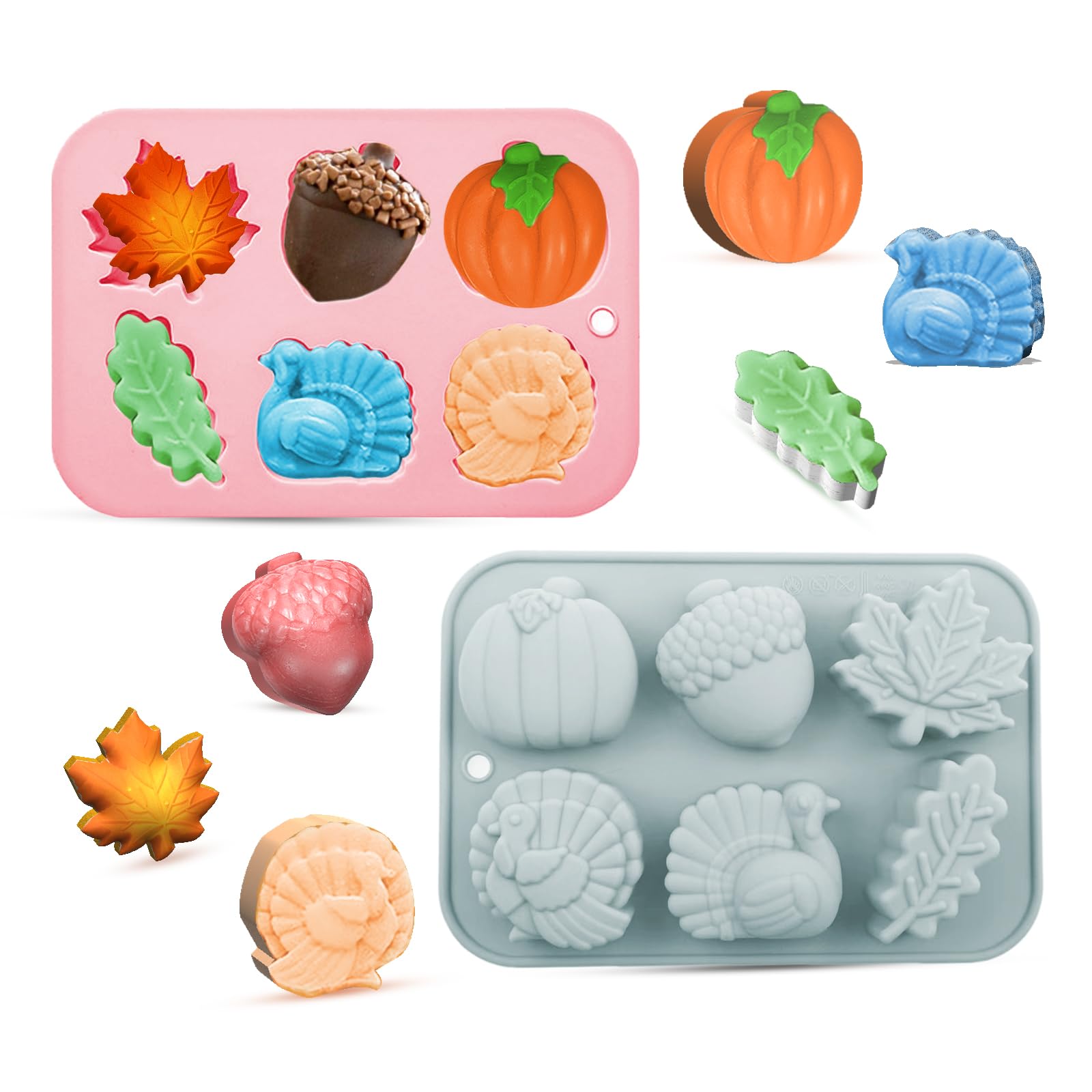 2-Pack Thanksgiving Treat Molds - 6-Cavity Silicone Baking Molds with Turkey, Pumpkin, Pinecone, Maple Leaf - DIY Chocolates, Ca
