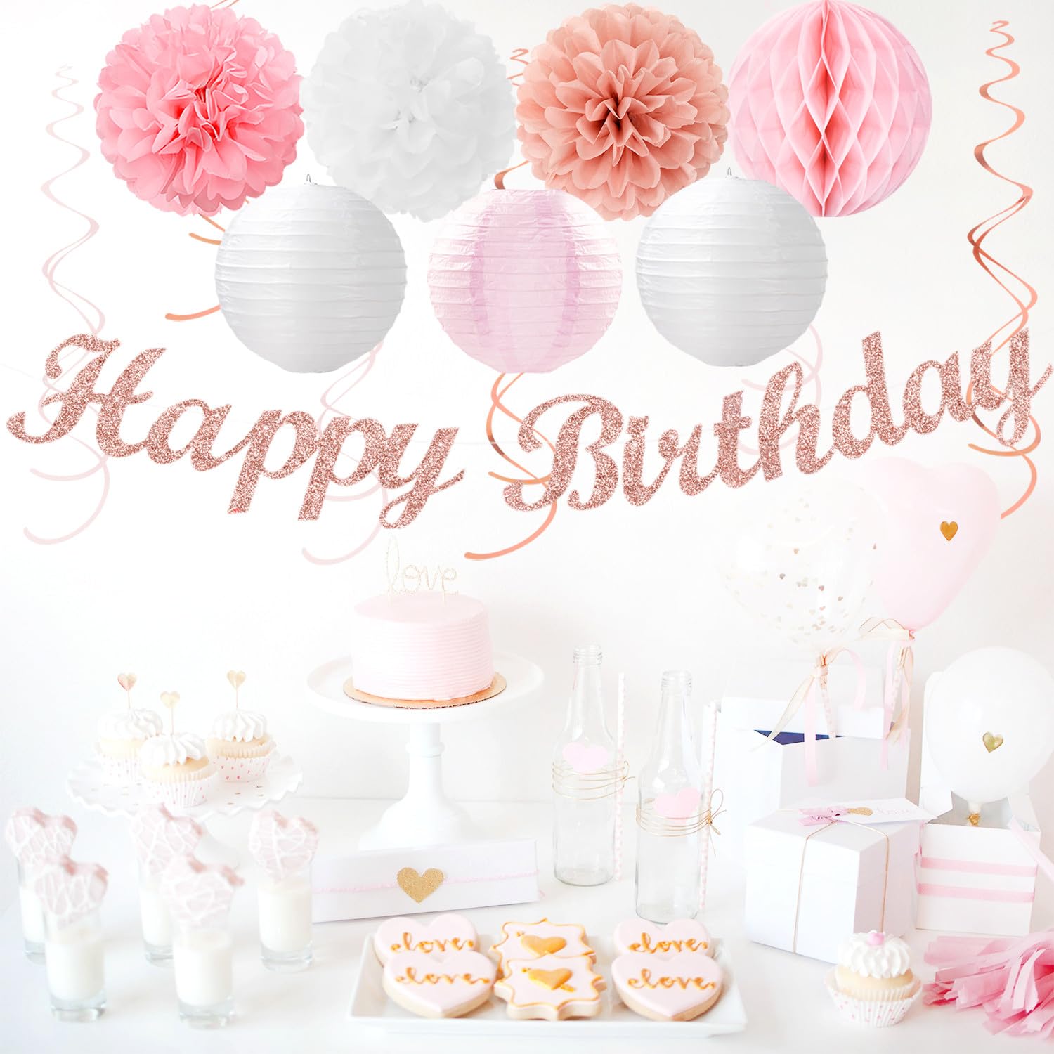 Pink White Rose-Gold Birthday Party-Decorations - 21Pcs Happy Banner, Paper Lanterns,Tissue Pom Poms Flower Fan,Honeycomb Ball,S