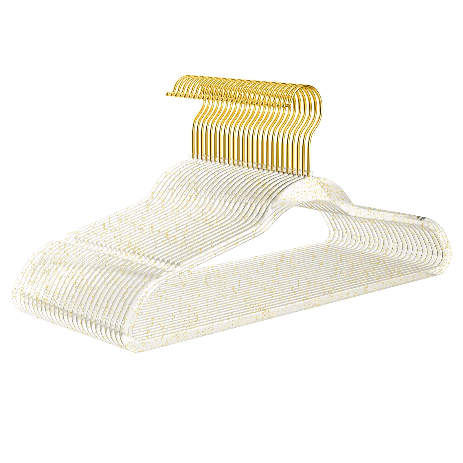 Premium Clear Invisible Acrylic Hangers,Crystal Plastic Hangers With Bling Gold Glitter 50 Pack Ultra Slim & Space Saving Suit H