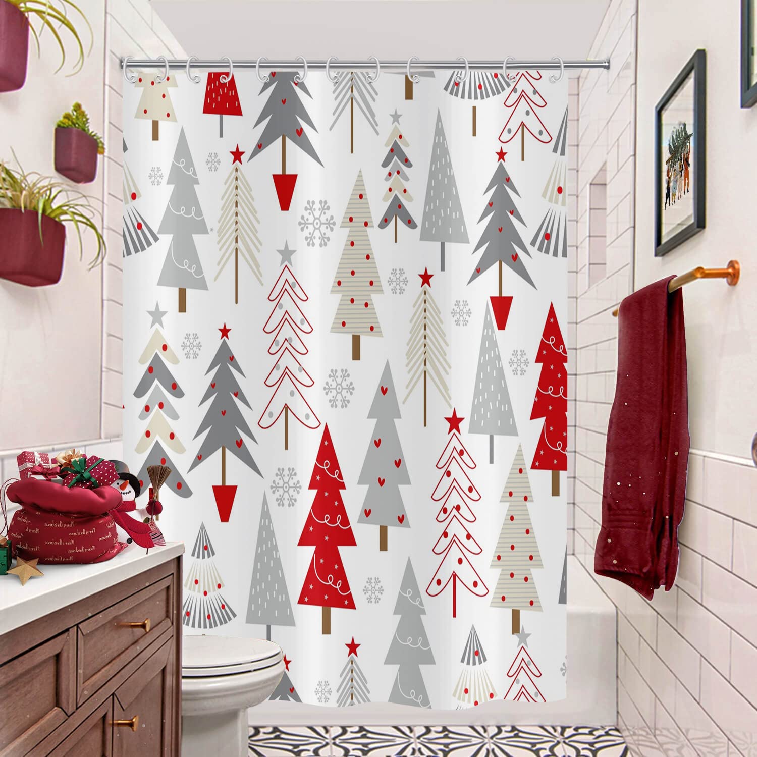 Gcirec Christmas Tree Shower Curtain, Grey Beige Red Xmas Tree With Stars Snowflake Cute Bathroom Curtain For Boys Girls Bathtub