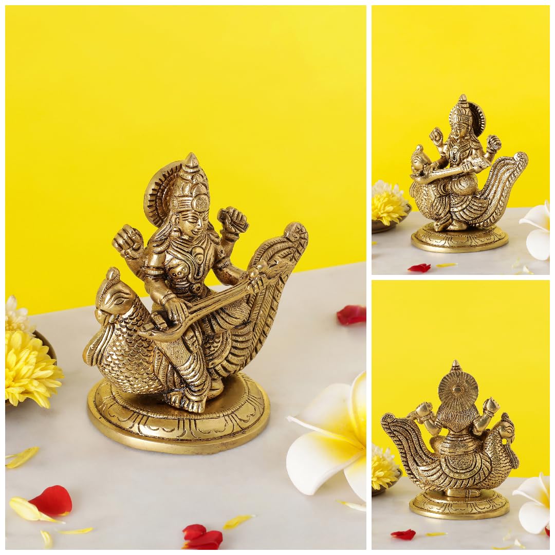 10Club Goddess Saraswati Idol - 1Pc (11.5 cm, 850 Grams) - 100% Pure Brass | Saraswati Sitting on a Peacock for Desk, Pooja, Hom