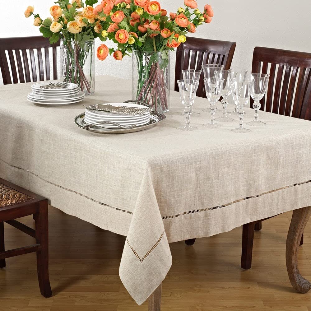 Saro Lifestyle Poly And Linen Blend Toscana Tablecloth With No Hemstitch Border, Natural, 90''X156''