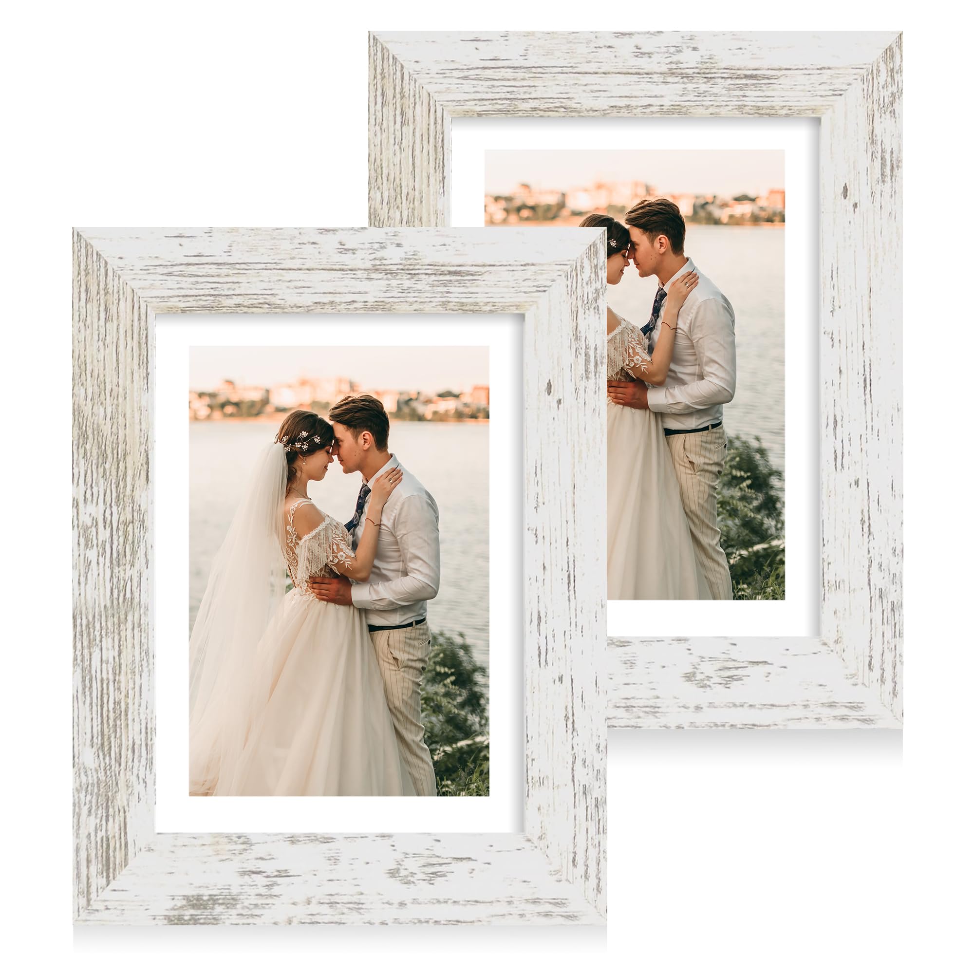 iRahmen 5x7 Picture Frame Set of 2 with HD Glass, Distressed White Wood Photo Frames Display 4x6 Picture with Mat or 5 x 7 Witho