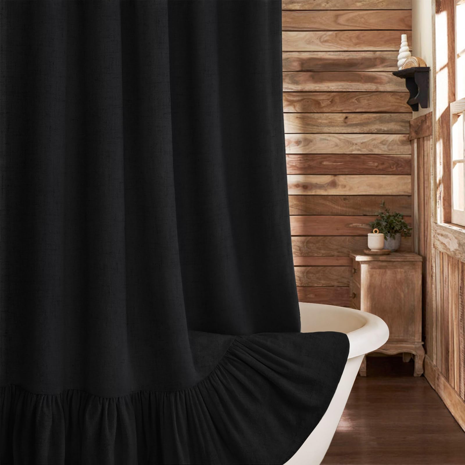 Xoguibo Farmhouse Shower Curtain With Ruffle Hem Linen Flax Black Shower Curtains For Bathroom Country Vintage Rustic Natural Fa