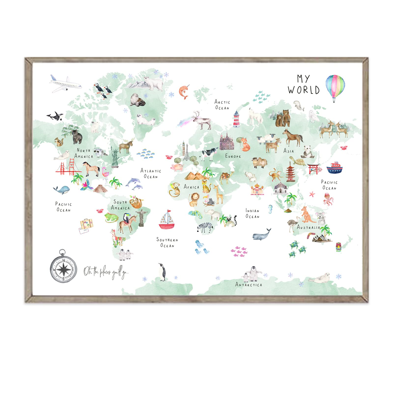 Joocrise Green Kids World Map Wall Art Animal Map Canvas Wall Art Educational Wall Art Nursery Wall Decor World Map Poster Child