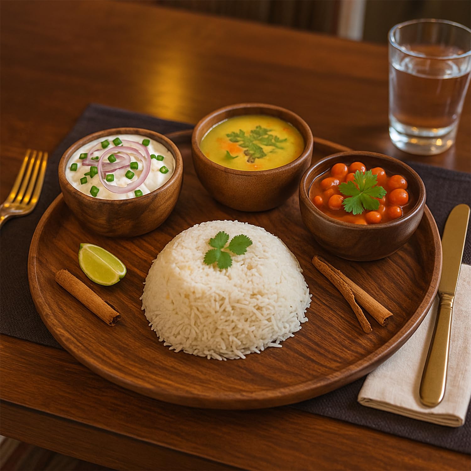 Mahomade Wooden Thali Dining Set | Wooden Plate With Bowls | 10 Inches Plate, 3.5 Inches Bowl | Wooden Serving Dinner Set