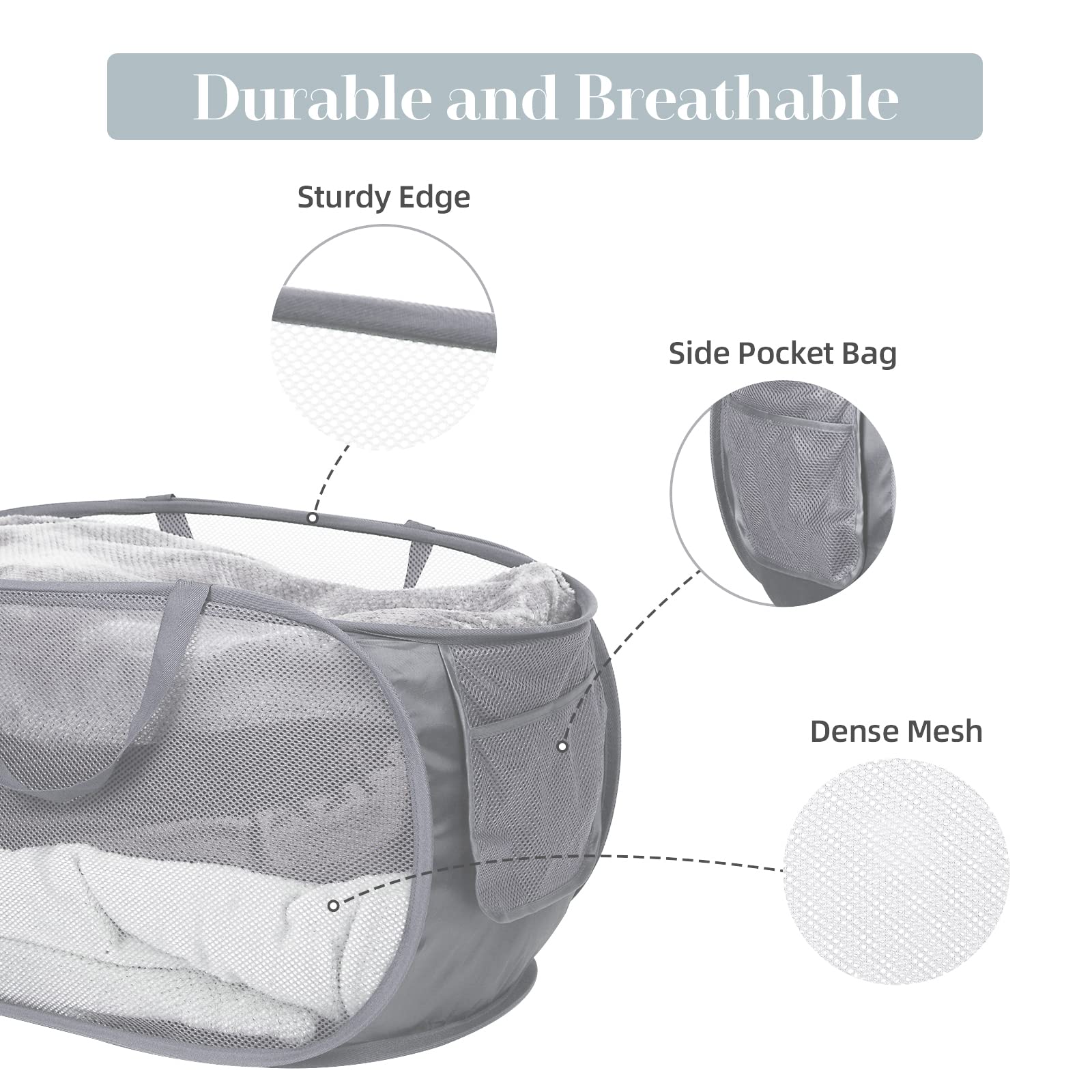 3 Pack Collapsible Laundry Baskets, Foldable Laundry Basket With Pocket, Mesh Pop Up Hampers, Reinforced Handles Dirty Clothes H