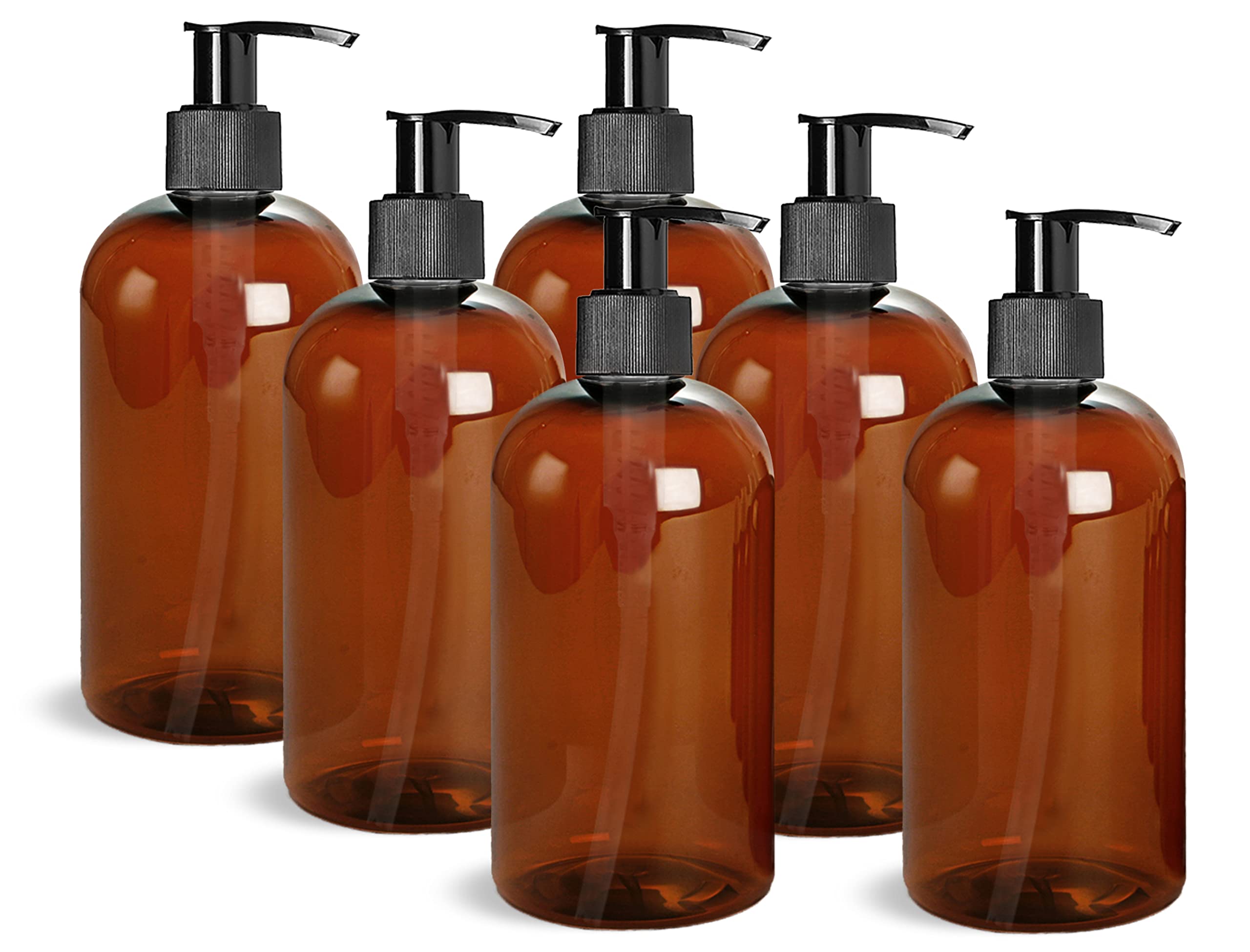 Ljdeals 16 Oz Amber Plastic Bottle With Black Lotion Pump, Refillable Containers For Shampoo, Lotions, Cream And More, Pack Of 6