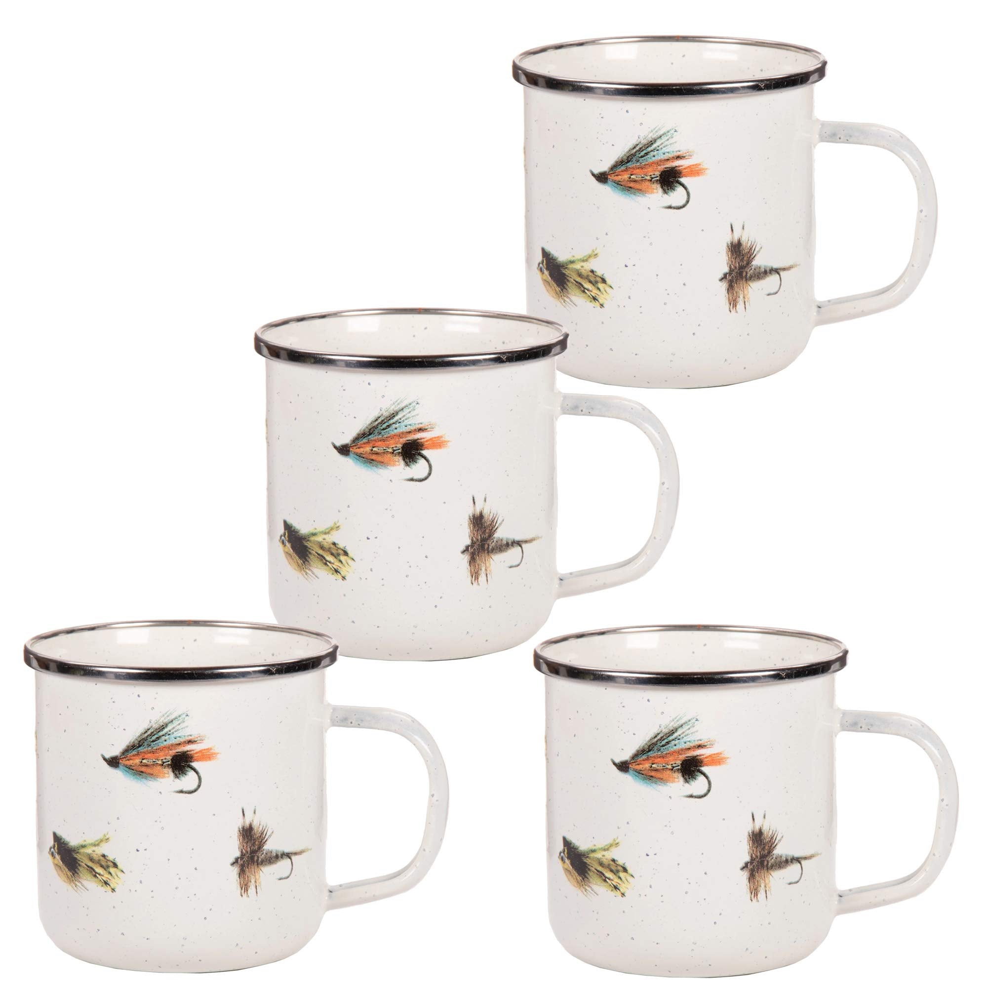 Golden Rabbit Enamelware Coffee or Tea Mugs, 12 ounce, Fishing Fly, Set of 4