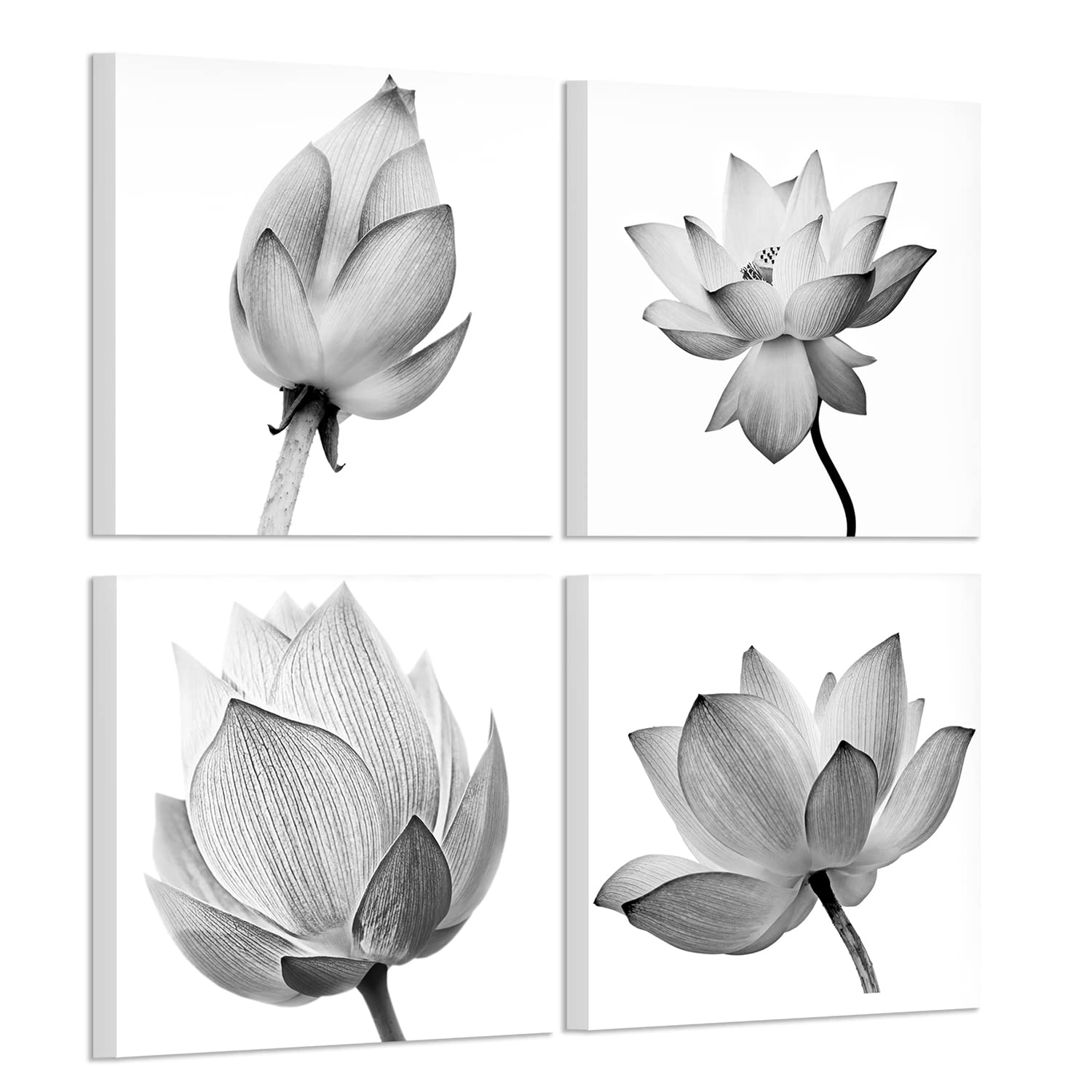 Vvovv Wall Decor - 4 Panels Flowers Artwork Black And White Elegant Floral Canvas Art Print Blooming Lotus Picture Framed Water