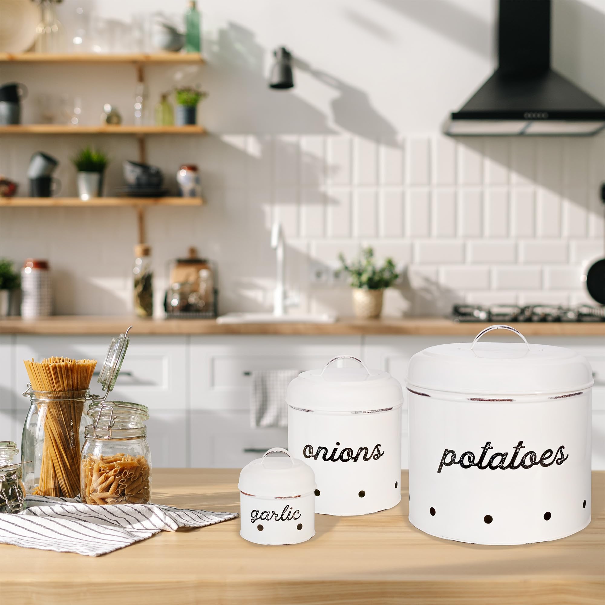 Auldhome Potatoes, Onions And Garlic Canister Set; Rustic White Enamelware Vegetable Storage Containers