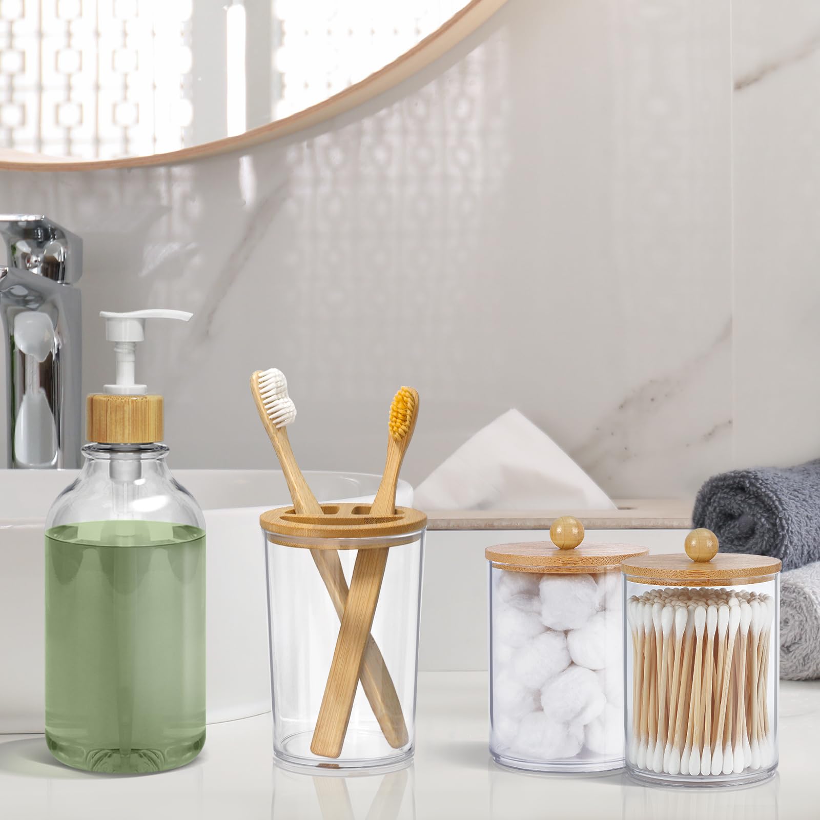 Sghuo 4Pcs Boho Bathroom Decor, Bamboo Bathroom Container Accessories Set, Soap Dispenser, Toothbrush Holder, 2 Qtip Holder Jars