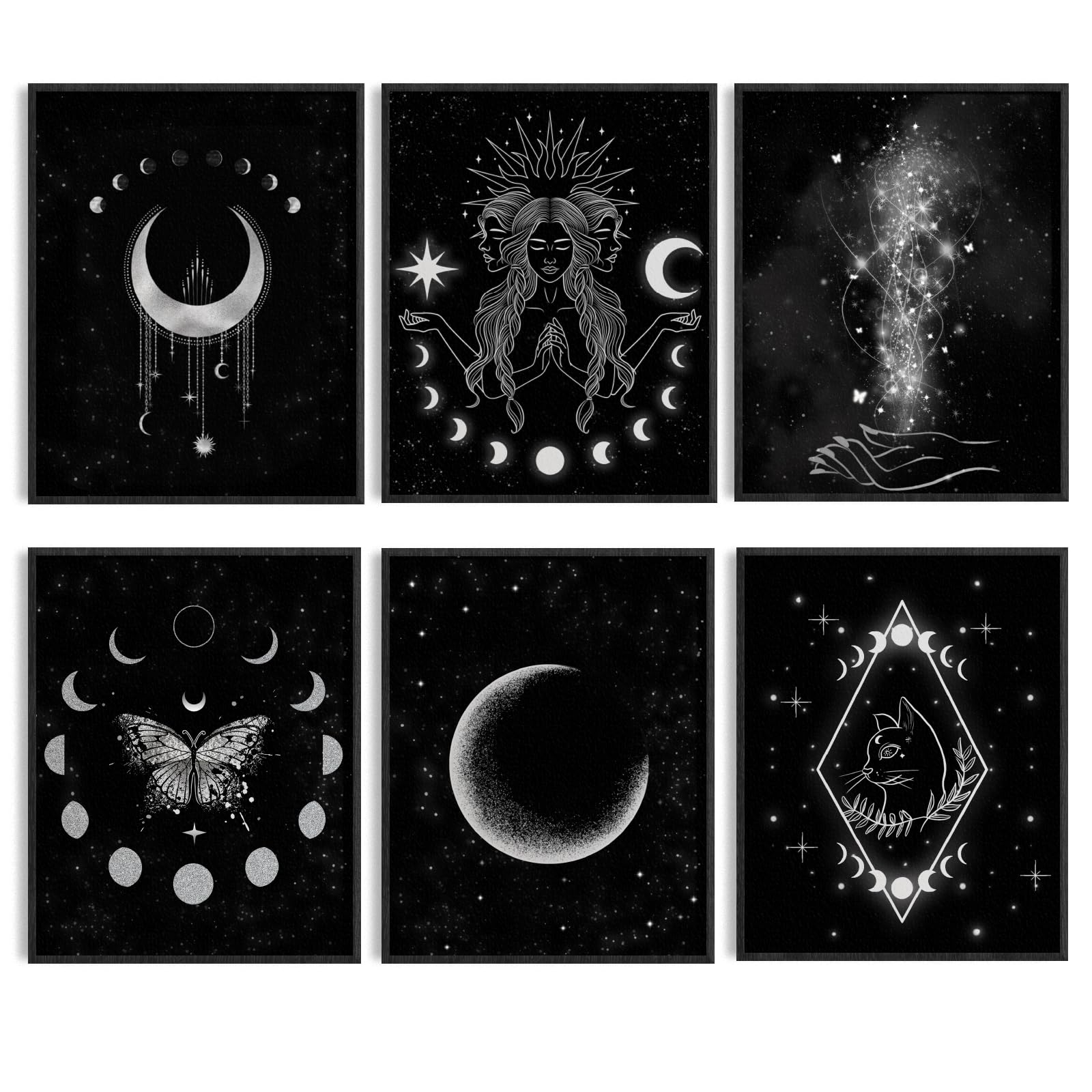 ORIGACH Moon Phases Wall Art Prints  Set of 5  Minimalist Boho Moon Phase Star Witch Wall Prints  Moon Stars Cat Celestial Witch Art Canvas Painting  Gothic Witchy Room Decor  Unframed 8x10in