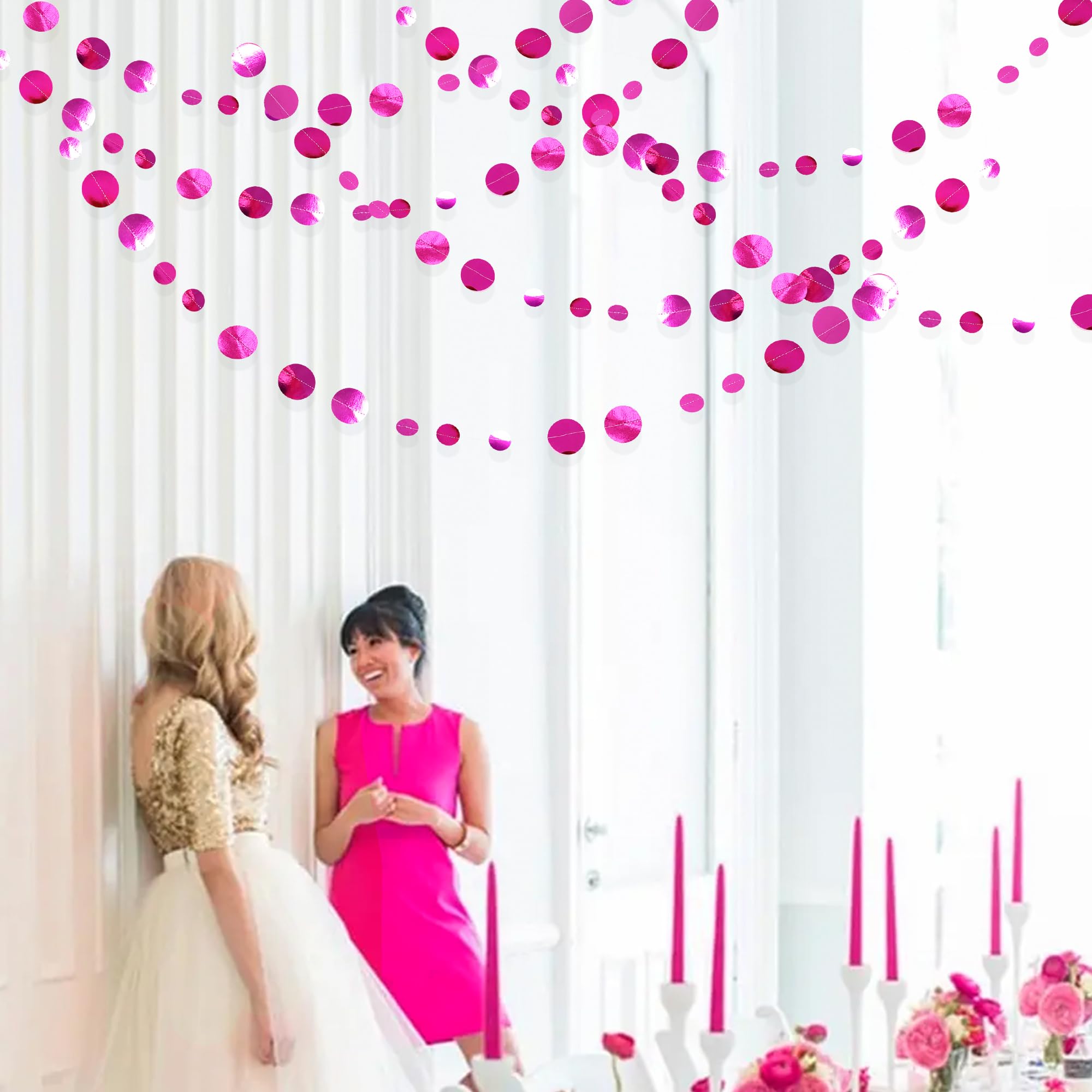 Hot Pink Party Decorations Circle Dots Garland Metallic Rose Pink Hanging Paper Polka Dots Streamer For Bachelorette Birthday En
