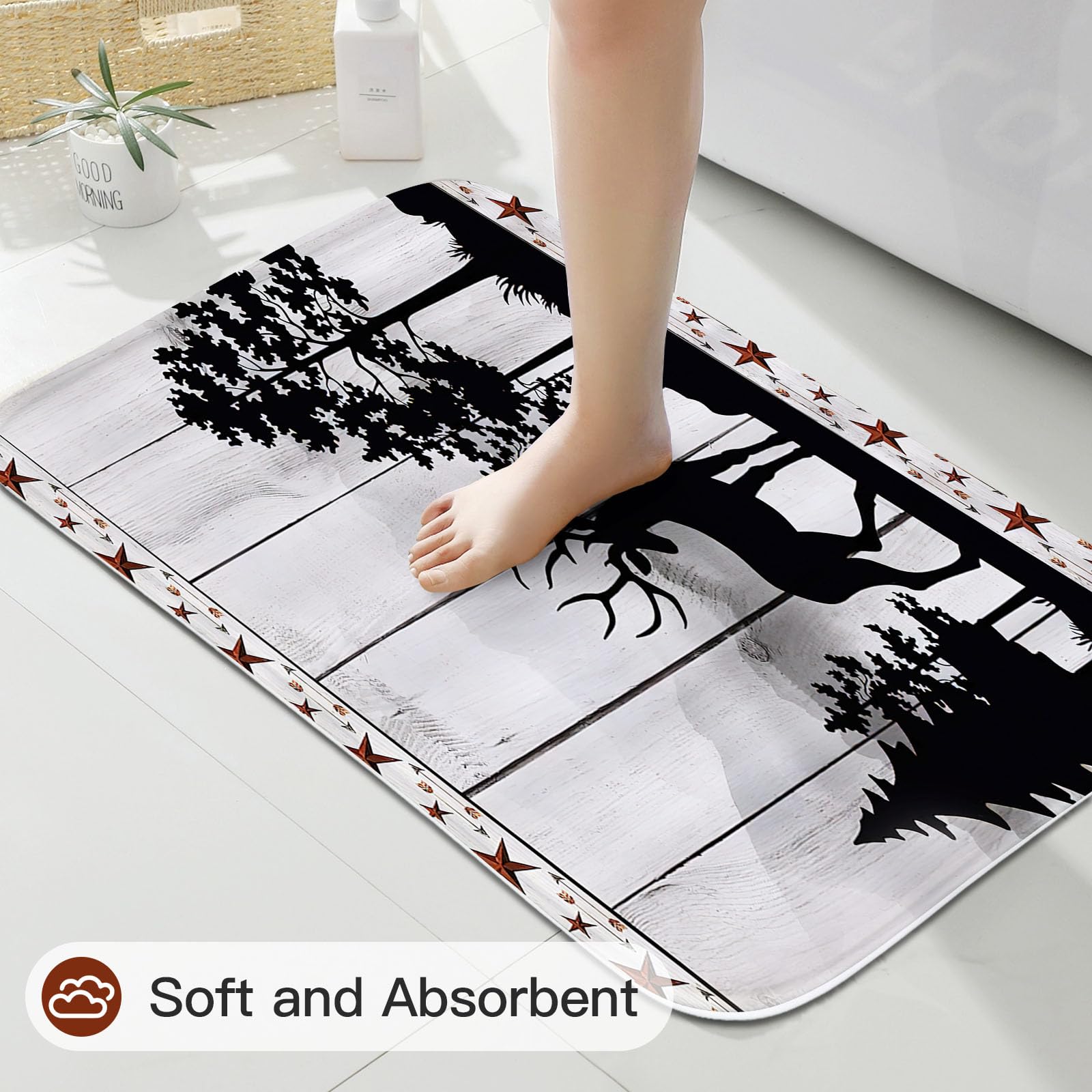 Litabel 4 Pcs Rustic Forest Deer Shower Curtain Set With Non-Slip Rugs, Toilet Lid Cover And Bath Mat, Wooden Country Bathroom D