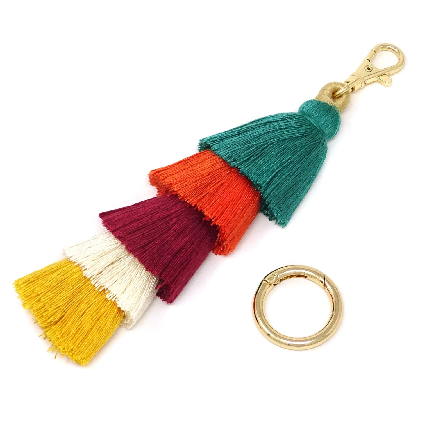 Yueton Colorful Layered Tassel Key Chain Cotton Fringe Bag Charm For Purse Handbag Decor Pendant With A Spare Open Ring