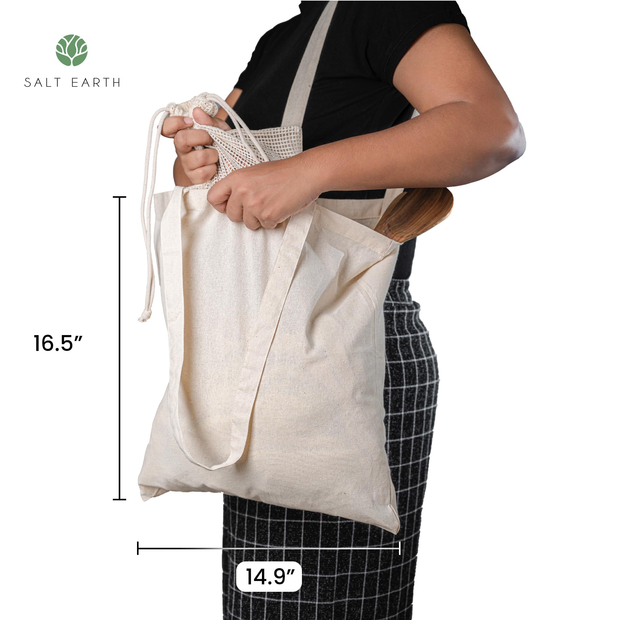 Salt Earth Pack of 5 | 6 | 12 | 24 | 48 - 100% Cotton Reusable Tote Bags - Bulk Grocery, Shopping, DIY, Beach & Gift Use (Natura