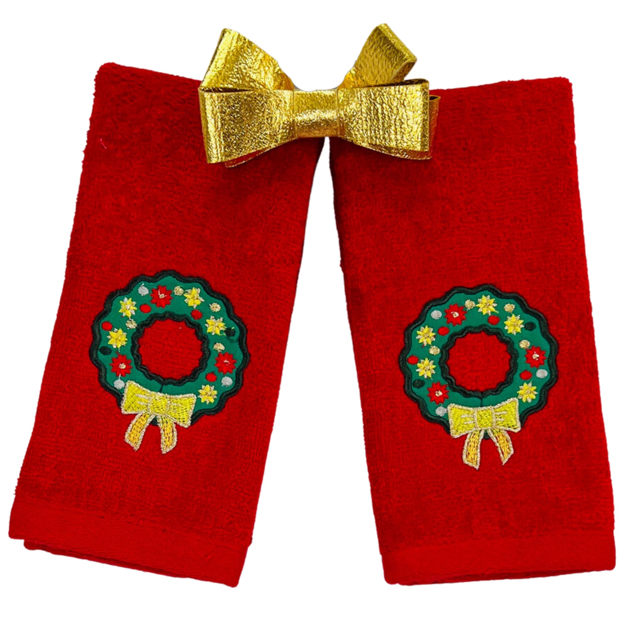 Serafina Home Christmas Bath Towel Set: Cotton Terry Fingertip Towels, Traditional Green Wreath Gold Bow Design, Set Of 2, Embro
