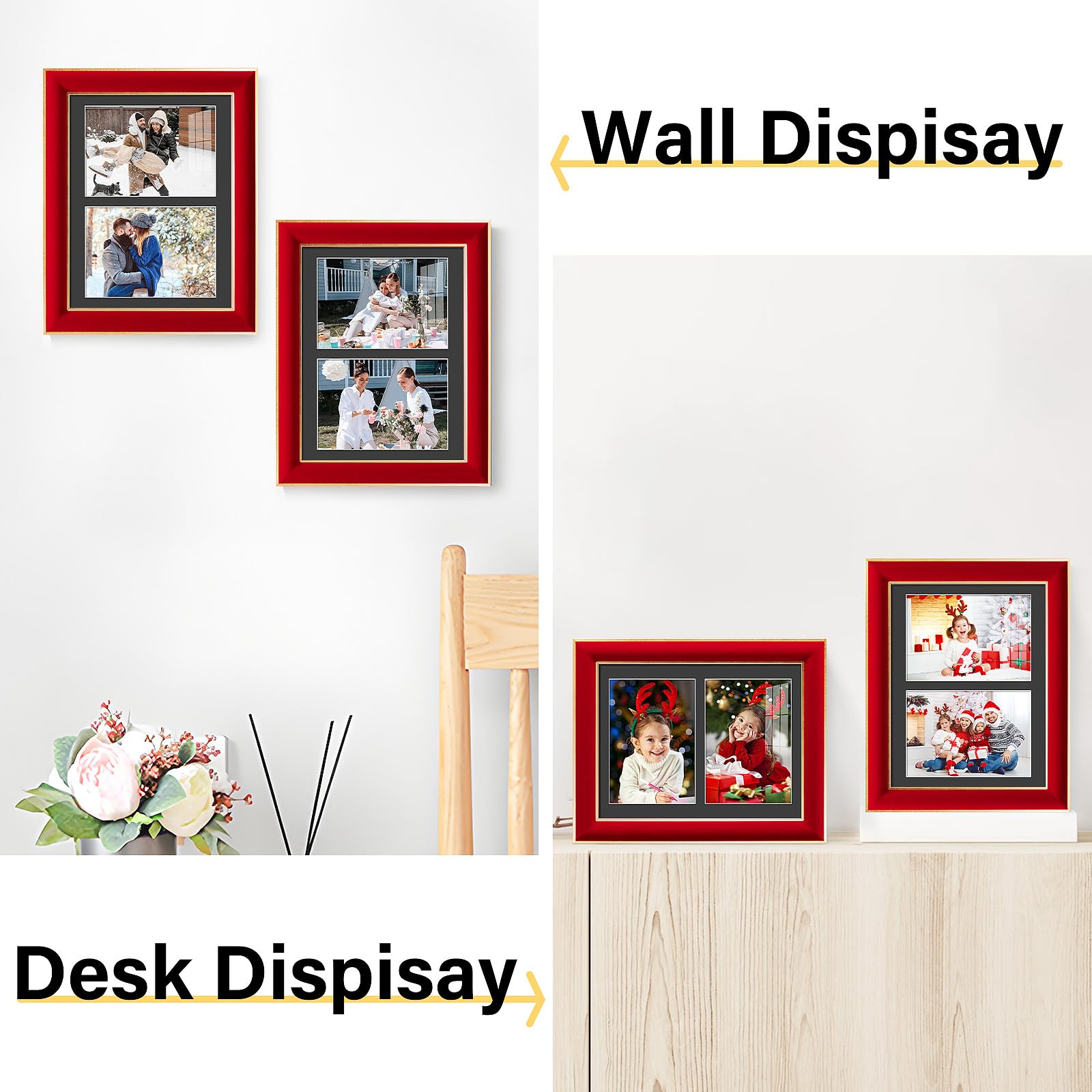 KSROECUD 8.5x11 Velvet Picture Frame with 2 Openings 5x7 Pictures, HD Real Glass Red Velvet Photo Frame with Black White Border