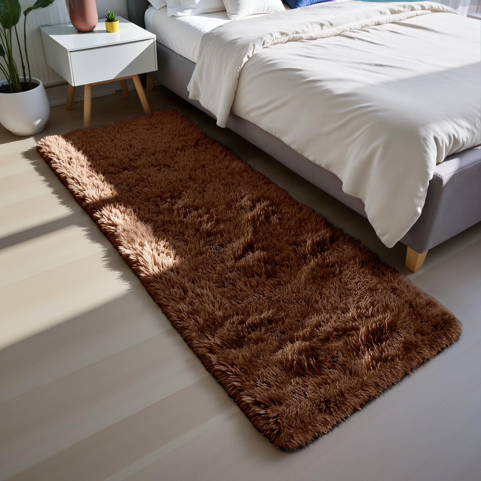 Soft Runner Rugs for Bedroom, Brown 2x6 Area Rugs Fluffy Rug Shag Area Rug Carpet, Bedside Rug for Living Room Bedroom Kids Room