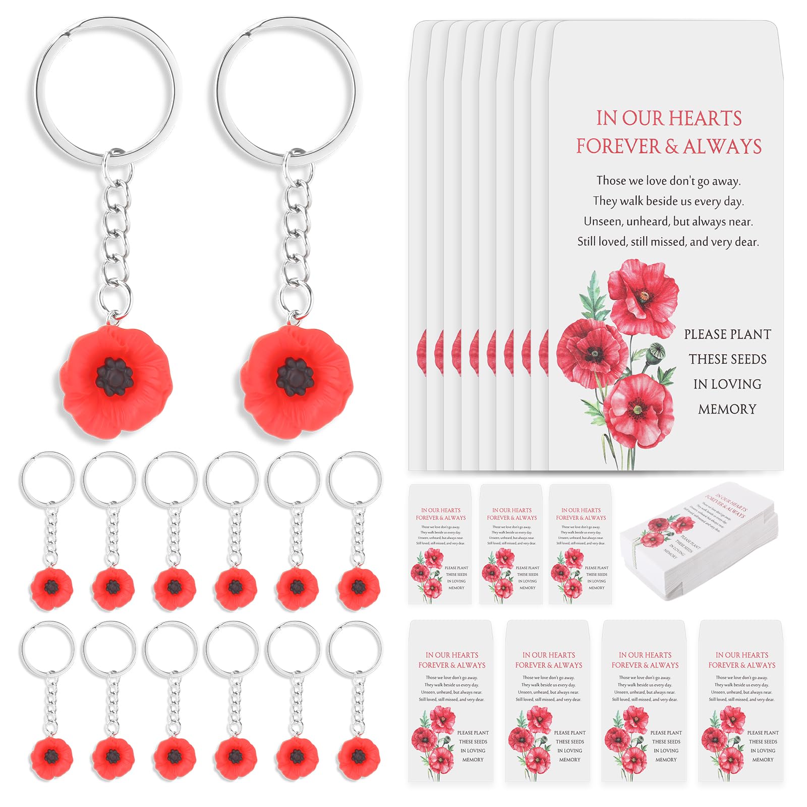 Chivertion 50 Sets Memorial Day Favors for Guests Bulk Remembrance Poppy Keychains with Seed Packets Celebration of Life Keepsak