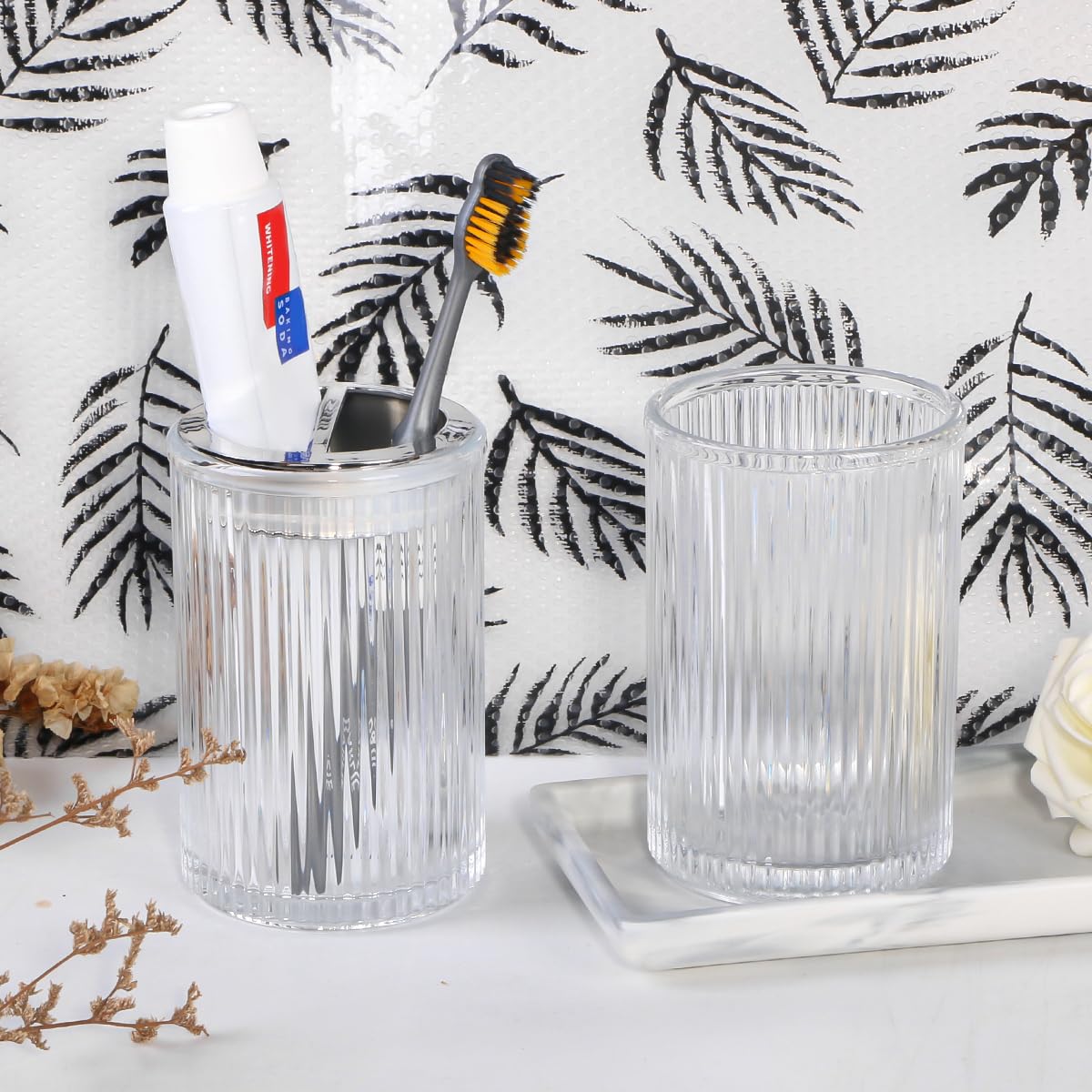Tonxus Clear Toothbrush Holders for Bathrooms, 2pcs Glass Toothbrush Holder and 12oz Bathroom Tumbler Cup Set, Silver Tooth Brus