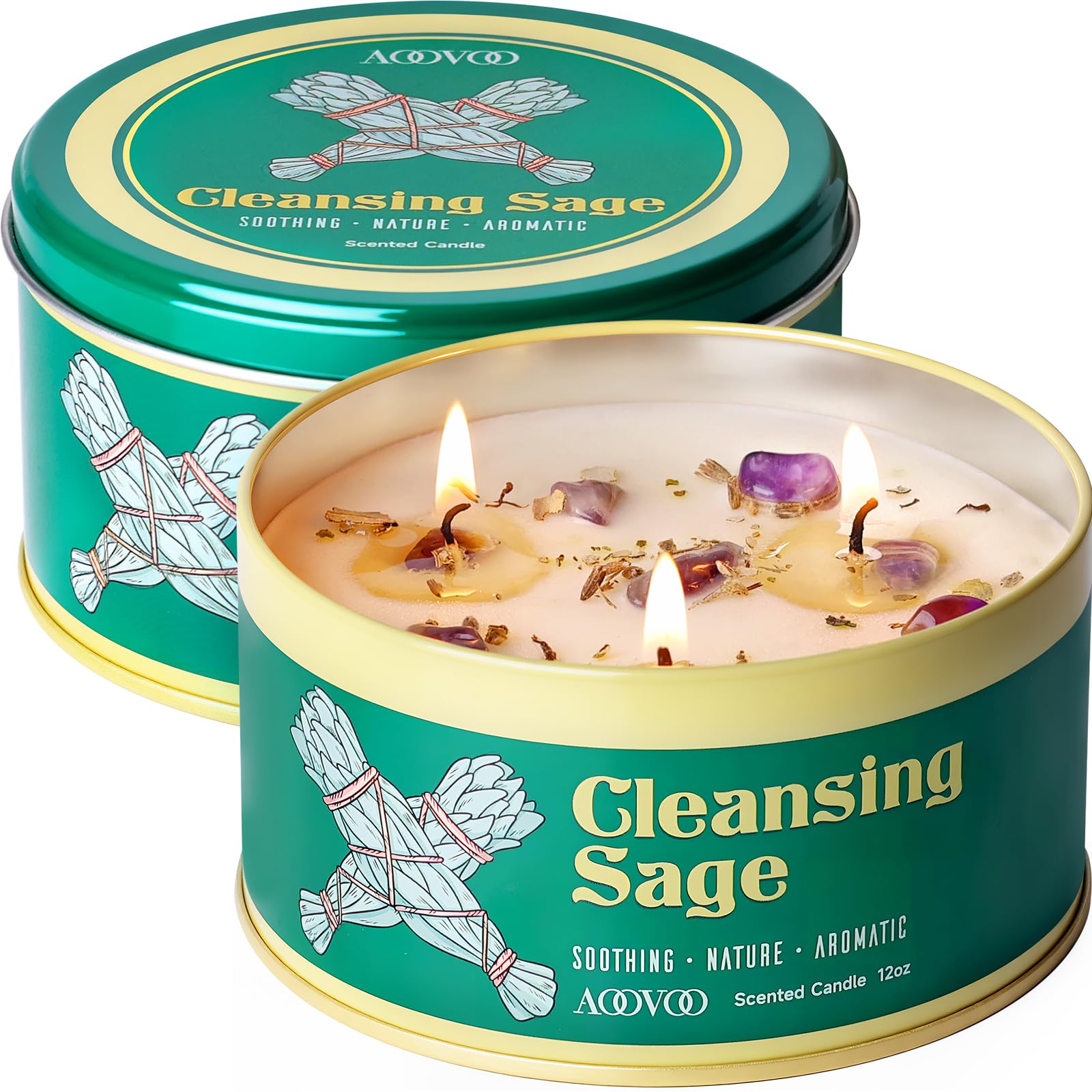 AOOVOO 2 Pack Sage Candle for Cleansing - 3 Wick 24oz Large Scented Candle with Crystals & Sage Leaves Inside, Soy Candles Non T