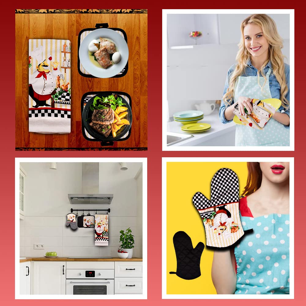 Lobyn Value Packs - Charming 5 Piece Kitchen Towel Set: Chubby Uniformed Chef Design, Includes 2 Decorative Dish Towels (25X15)