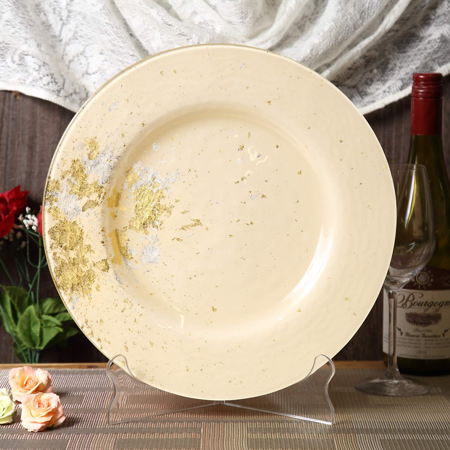 Syosaku Japanese Urushi Glass Dinner Plate F12.5-Inch Light Beige With Gold Leaf, Dishwasher Safe