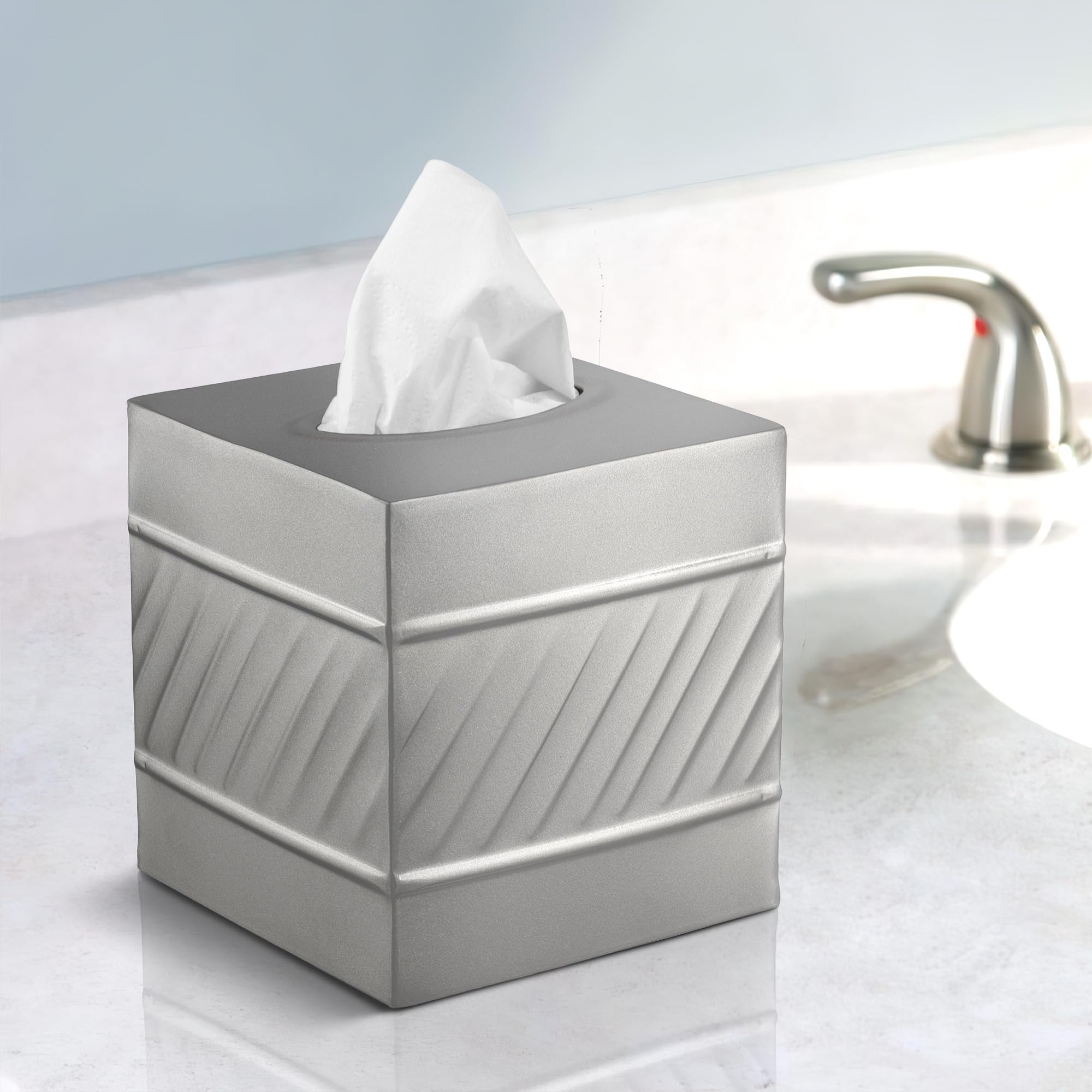 Monarch Abode 39427 Handcrafted Tissue Box Square Cover Holder And Dispenser, Wave Embossed, Metal Dresser Accessories For Offic