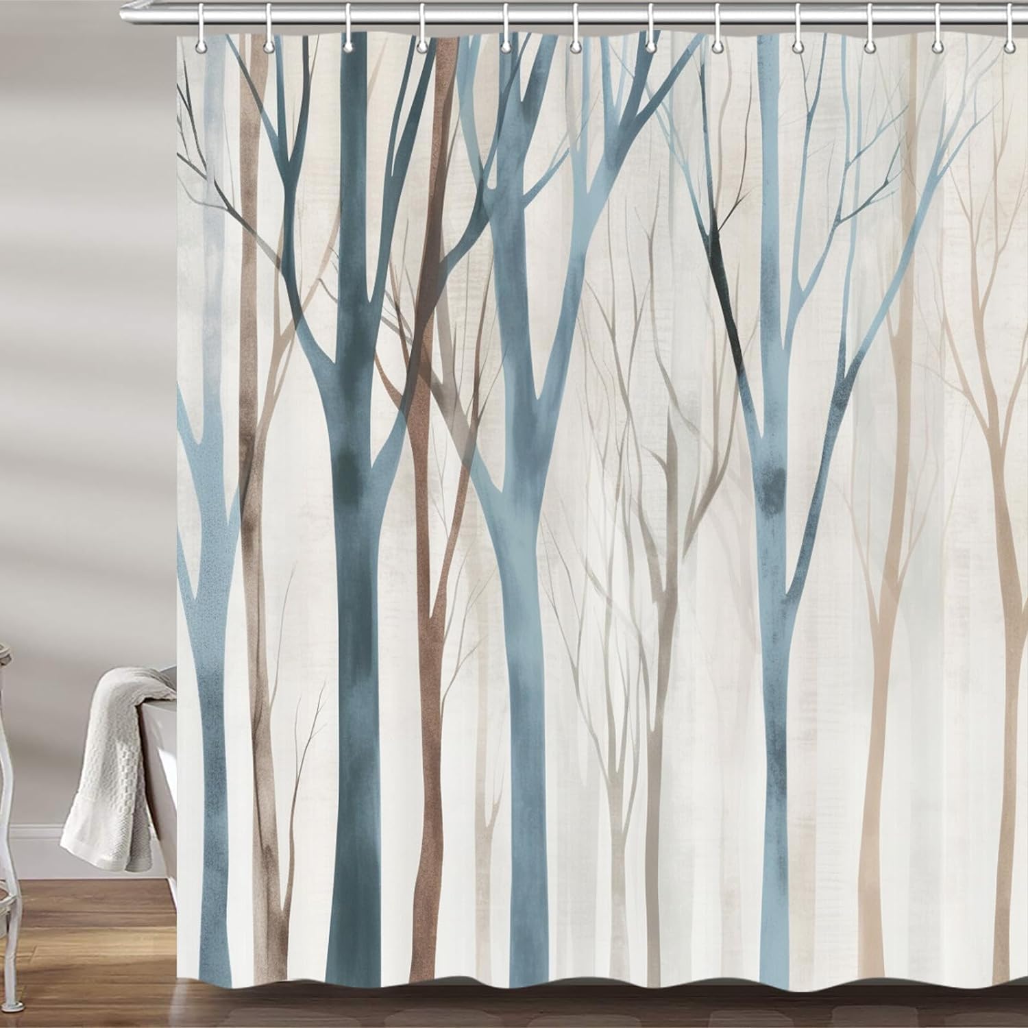 Merchr Brown Blue Tree Fabric Shower Curtain, Art Style Abstract Birch Forest Rustic Wood Polyester Fabric Waterproof Bath Curta