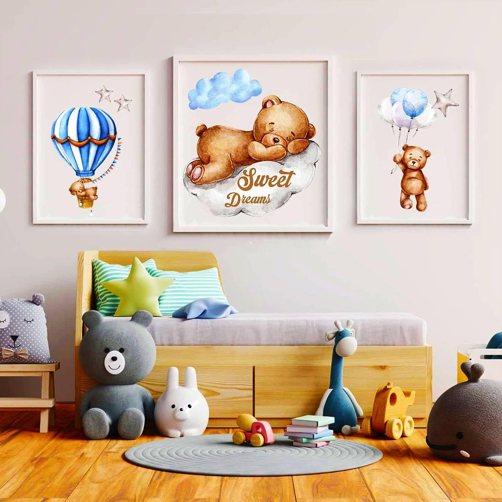 Tedy Bear Sleeping On The Moon And Stars Wall Stickers For Kids Baby Room Decor Sweet Dream Moon Hot Air Star Baby Nursery Decor
